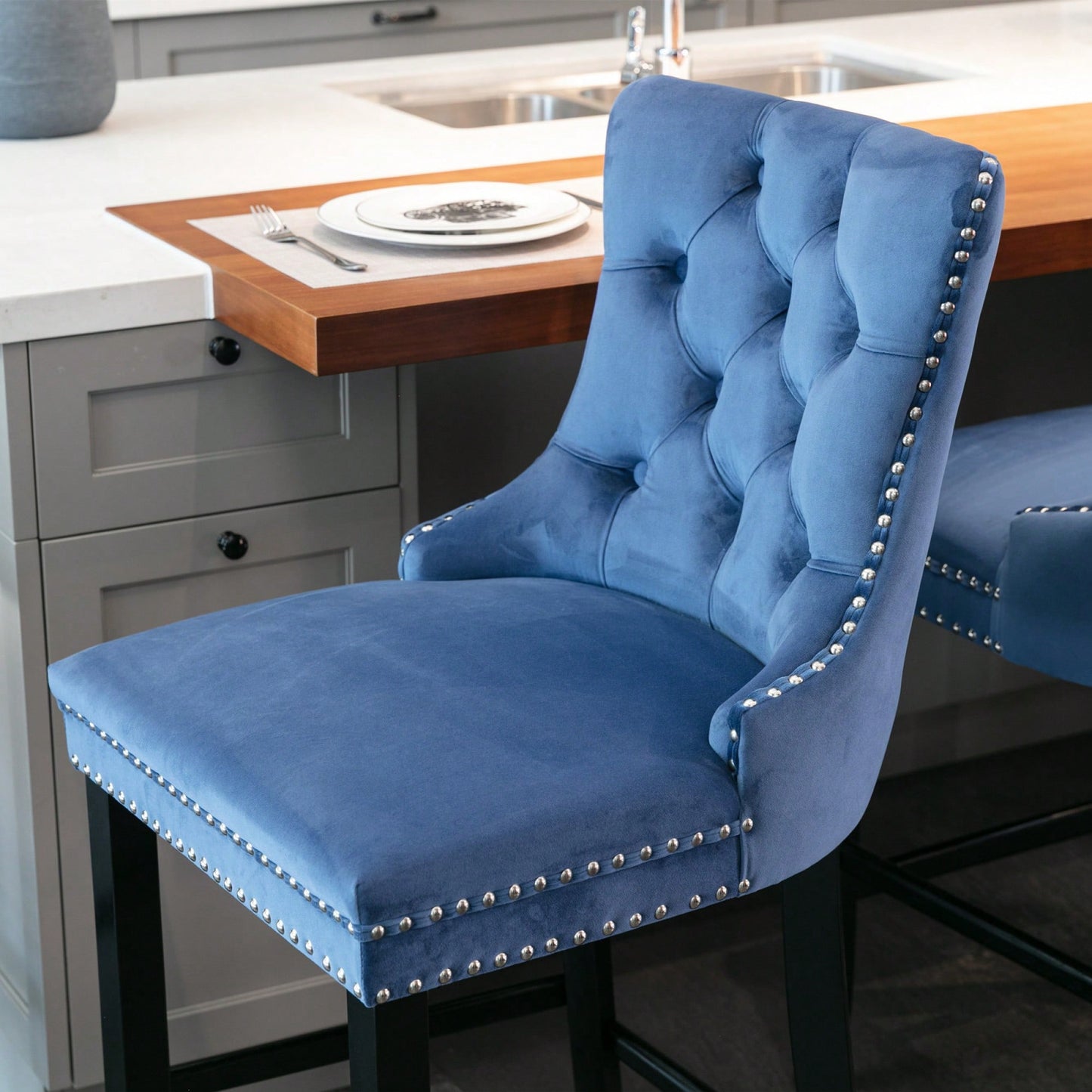 Contemporary Velvet Barstools With Button Tufting And Wooden Legs, Chrome Nailhead Trim, Set Of 2 In Blue, Stylish Leisure Seating