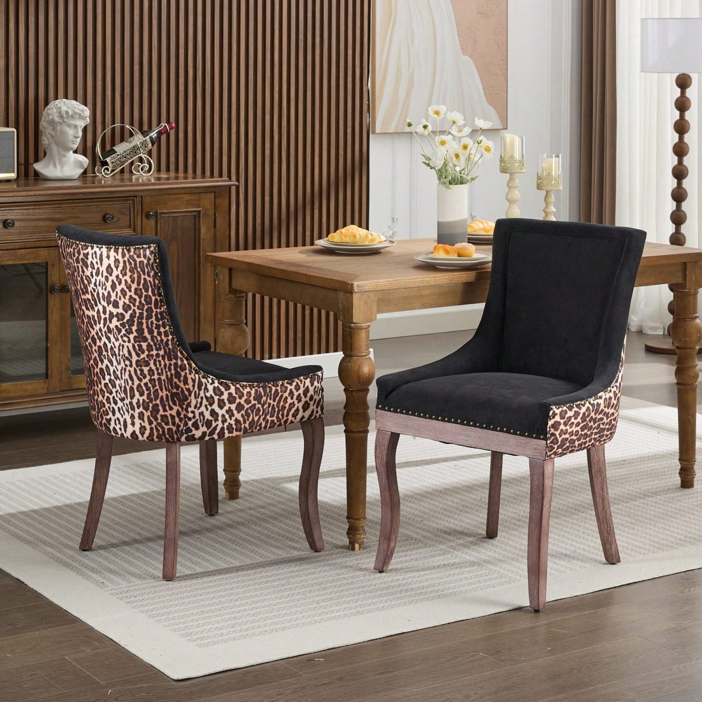 Leopard Print Thickened Fabric Dining Chairs With Solid Wood Legs And Bronze Nail Head - Set Of 2