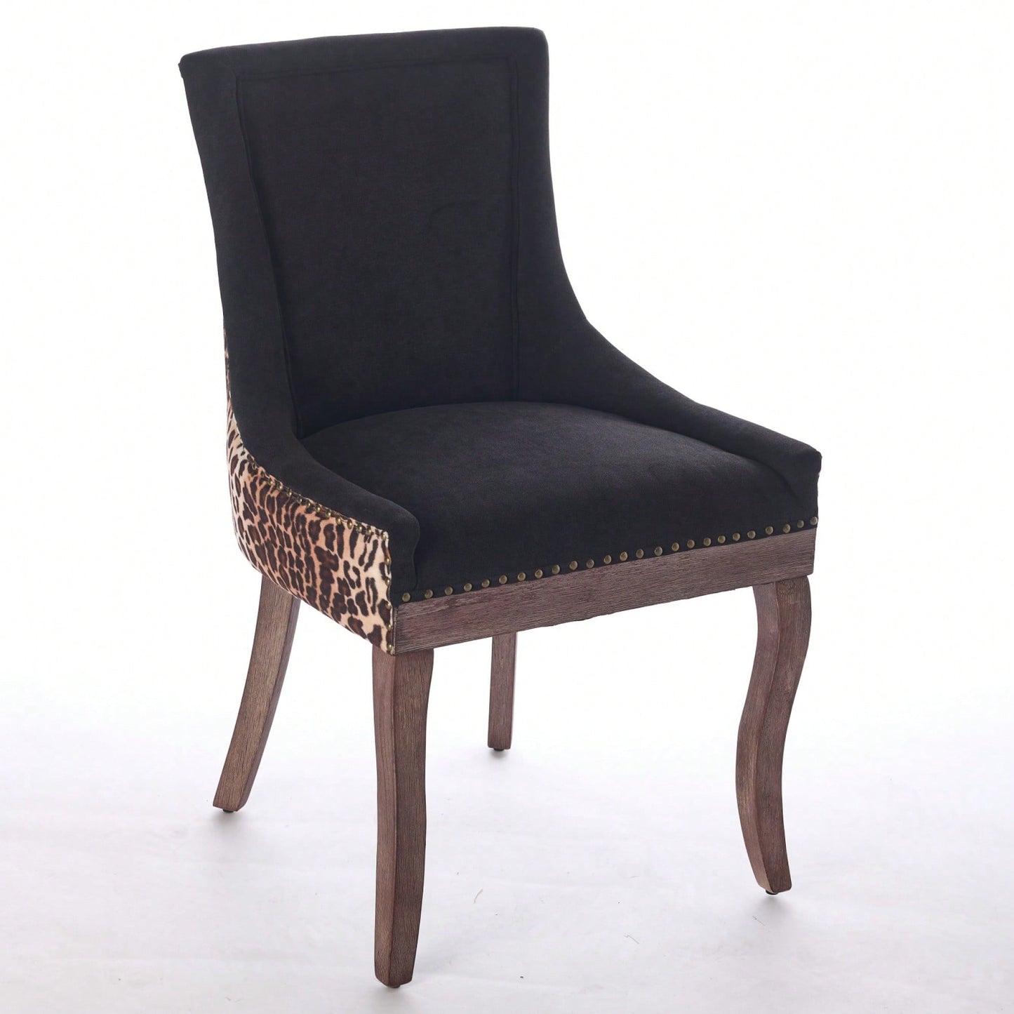 Leopard Print Thickened Fabric Dining Chairs With Solid Wood Legs And Bronze Nail Head - Set Of 2