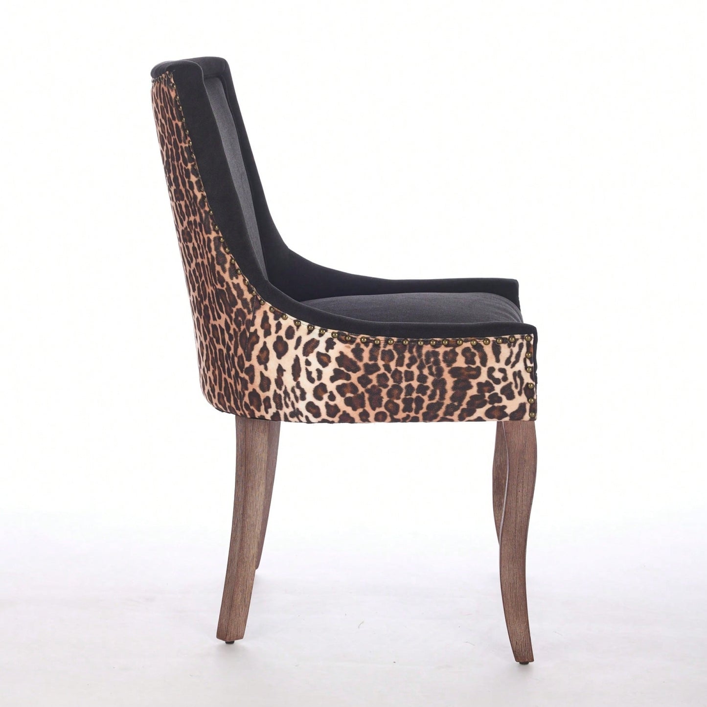 Leopard Print Thickened Fabric Dining Chairs With Solid Wood Legs And Bronze Nail Head - Set Of 2