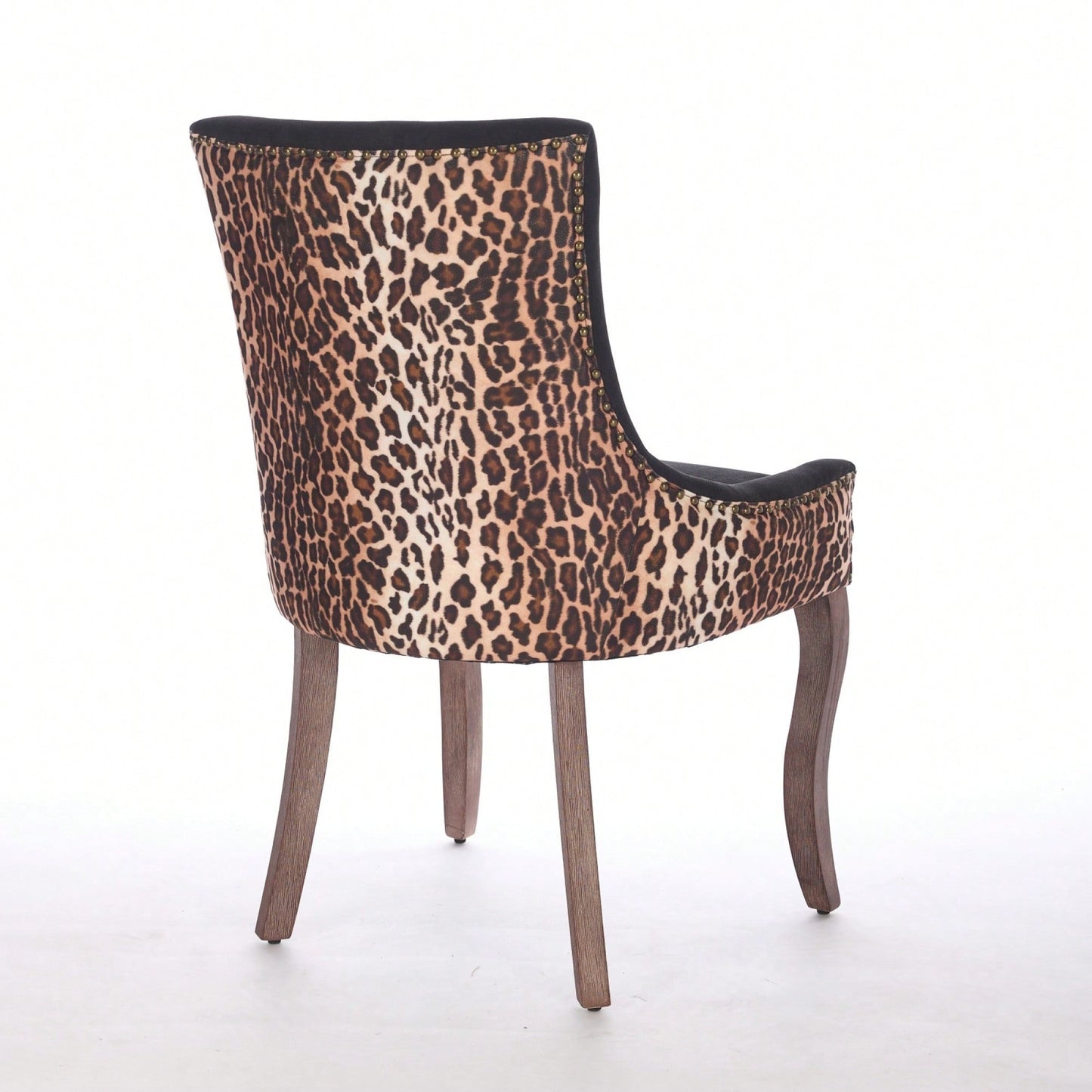 Leopard Print Thickened Fabric Dining Chairs With Solid Wood Legs And Bronze Nail Head - Set Of 2