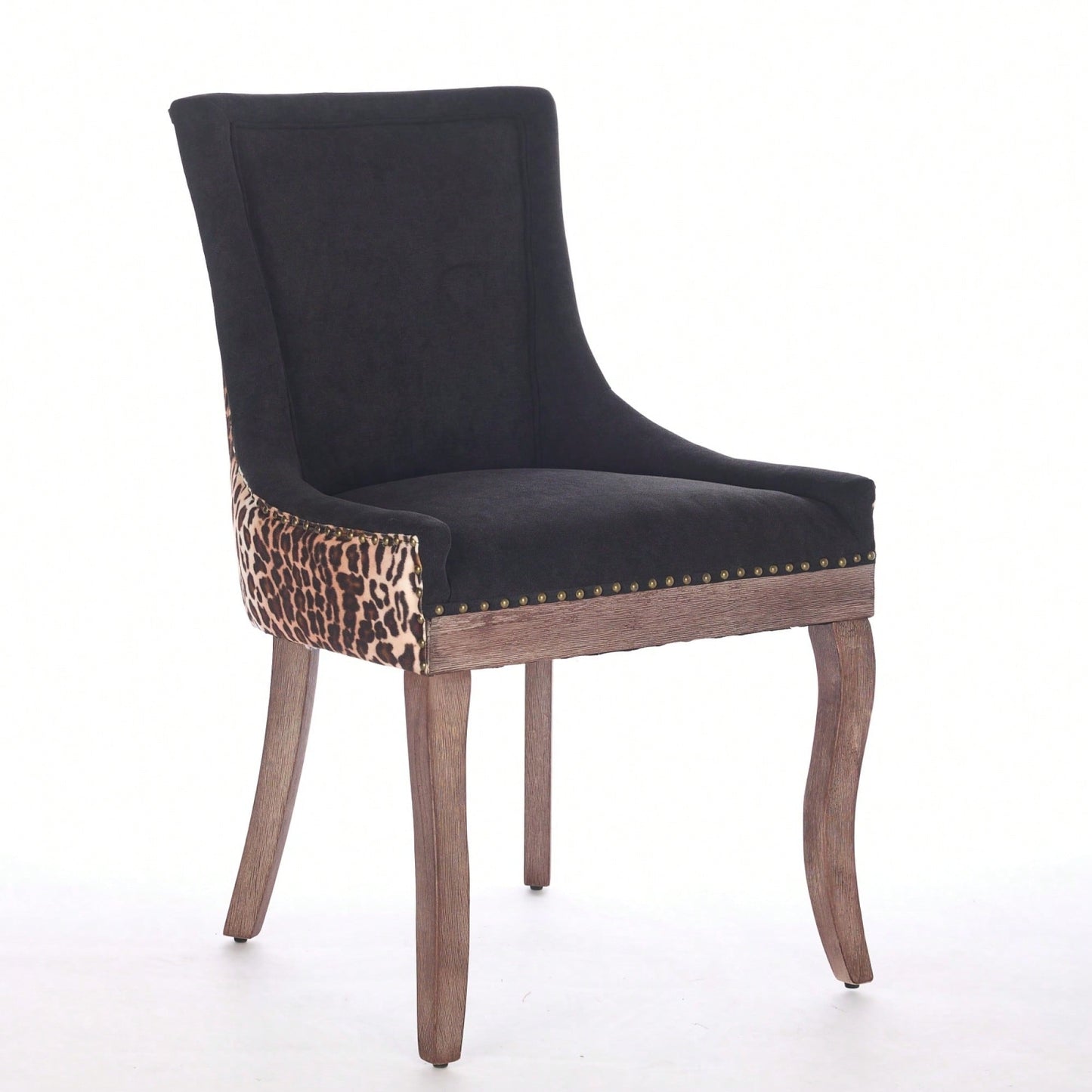 Leopard Print Thickened Fabric Dining Chairs With Solid Wood Legs And Bronze Nail Head - Set Of 2