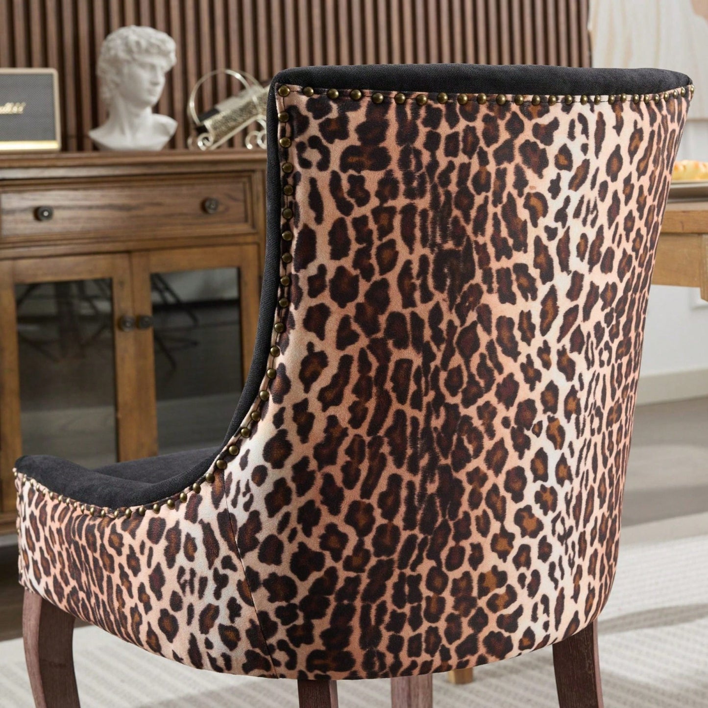 Leopard Print Thickened Fabric Dining Chairs With Solid Wood Legs And Bronze Nail Head - Set Of 2
