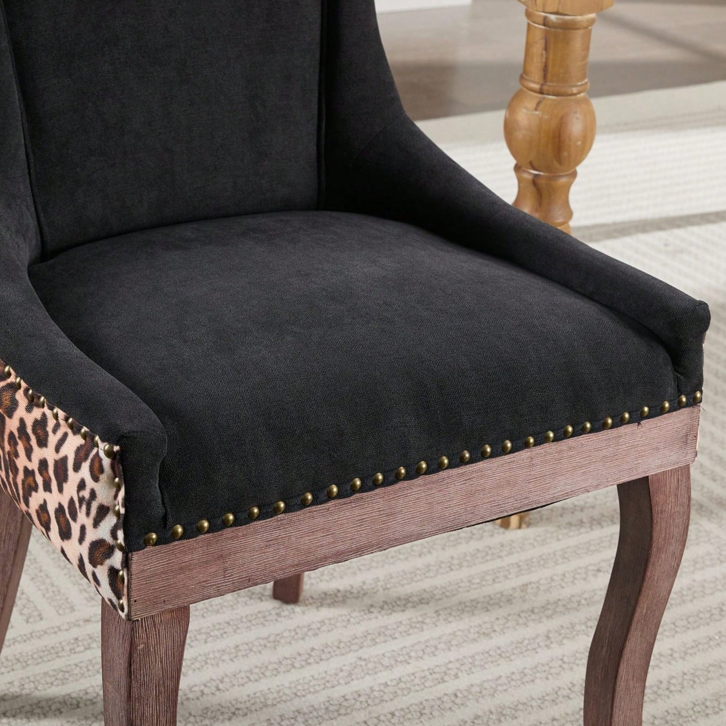 Leopard Print Thickened Fabric Dining Chairs With Solid Wood Legs And Bronze Nail Head - Set Of 2