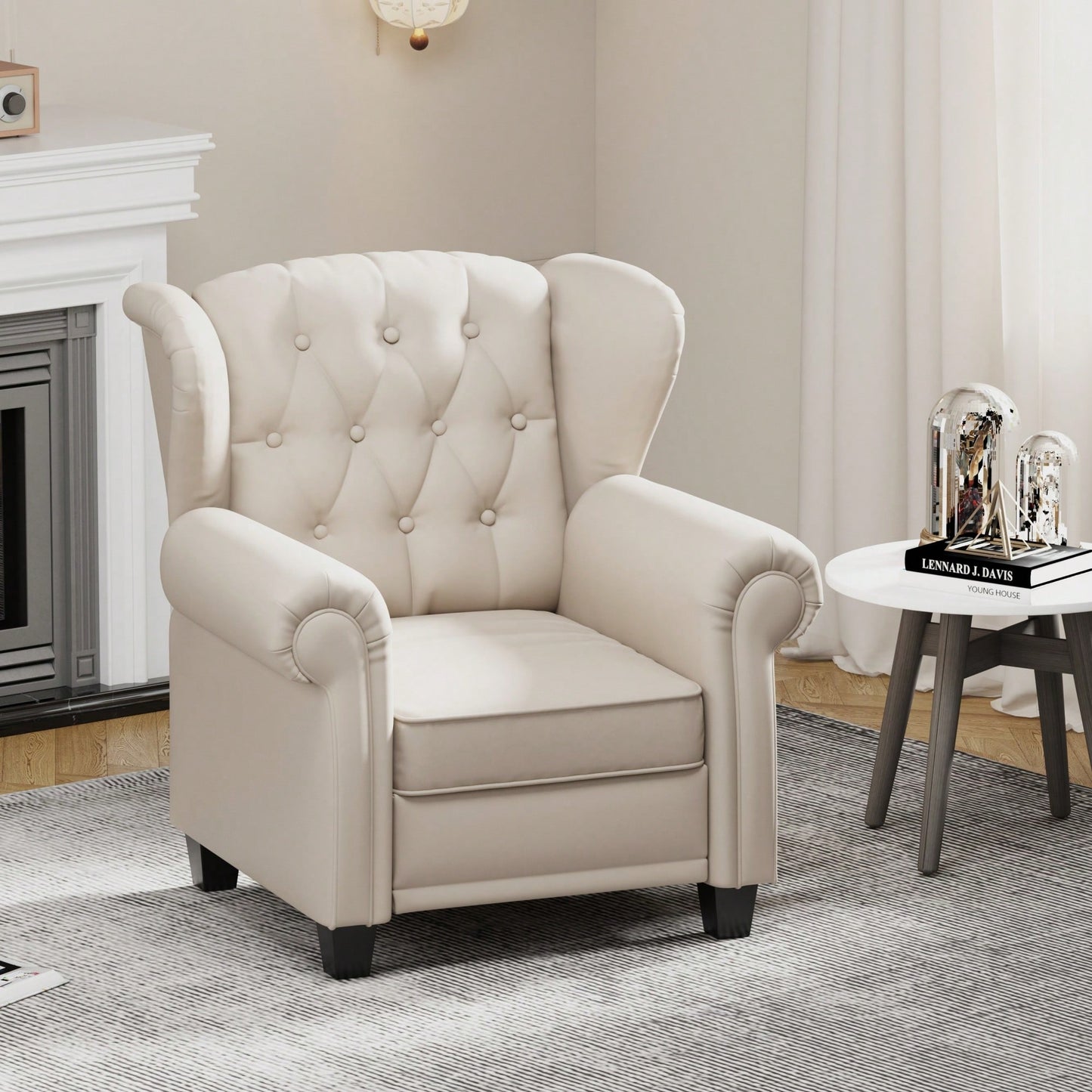 Adjustable Modern Tufted Push Back Armchair In Beige Technical Leather With Sturdy Wood Legs For Bedroom And Living Room Small Space