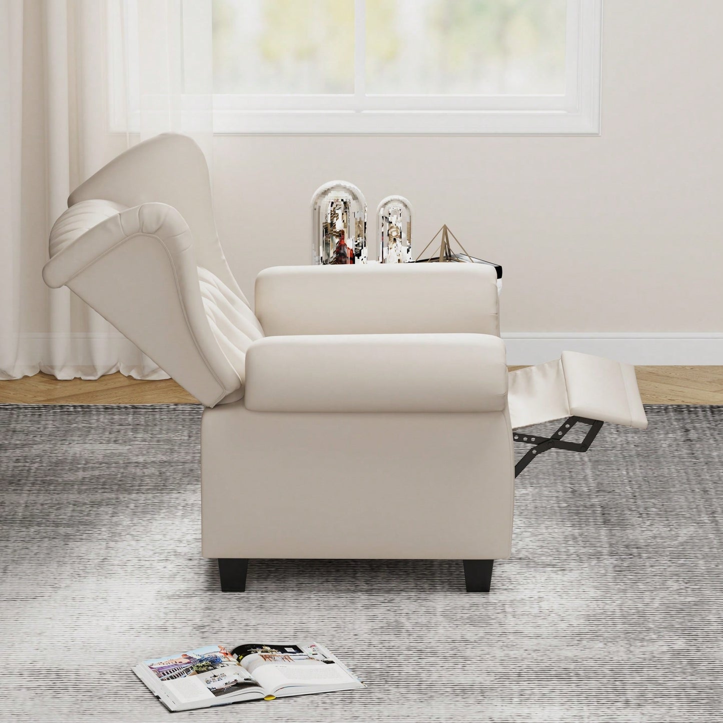 Adjustable Modern Tufted Push Back Armchair In Beige Technical Leather With Sturdy Wood Legs For Bedroom And Living Room Small Space