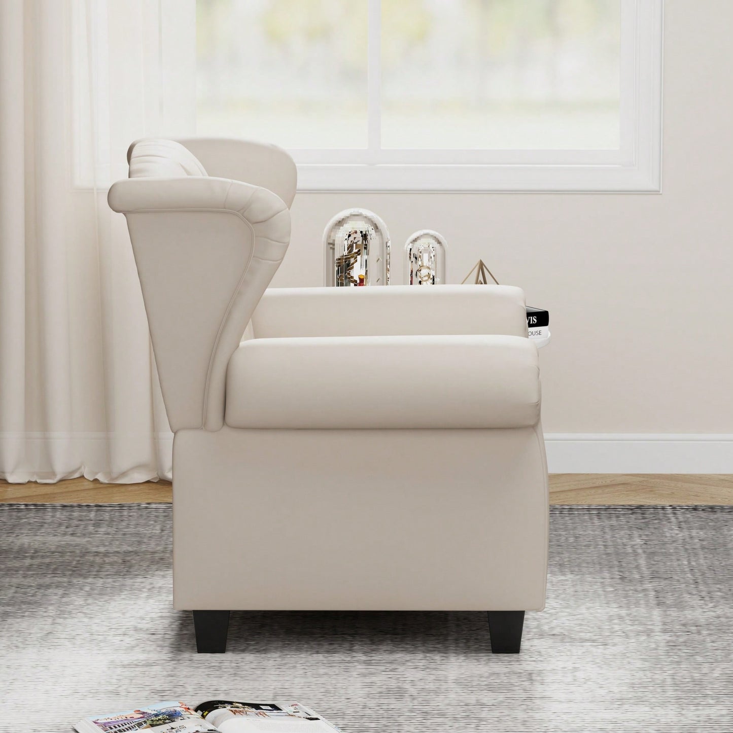 Adjustable Modern Tufted Push Back Armchair In Beige Technical Leather With Sturdy Wood Legs For Bedroom And Living Room Small Space