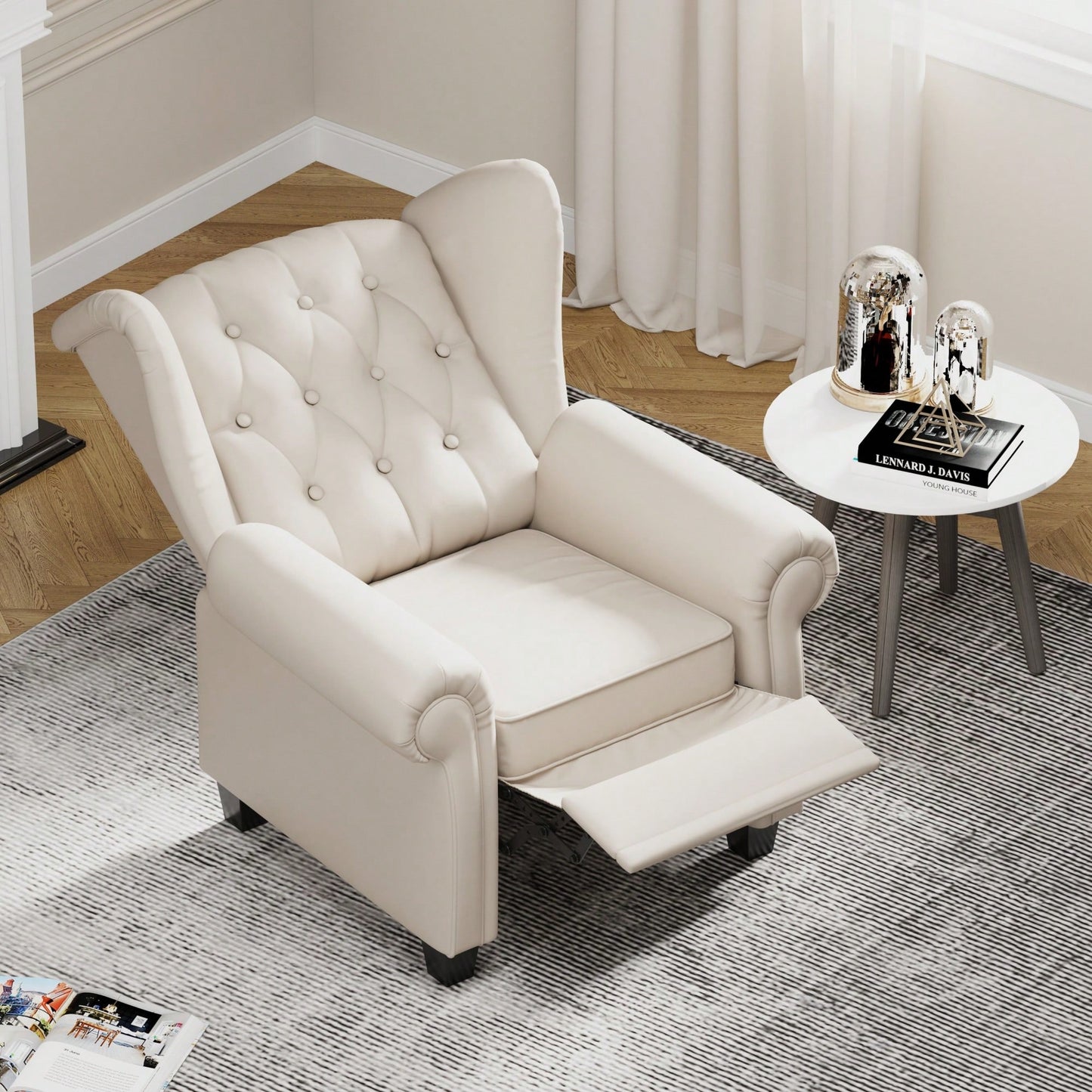 Adjustable Modern Tufted Push Back Armchair In Beige Technical Leather With Sturdy Wood Legs For Bedroom And Living Room Small Space