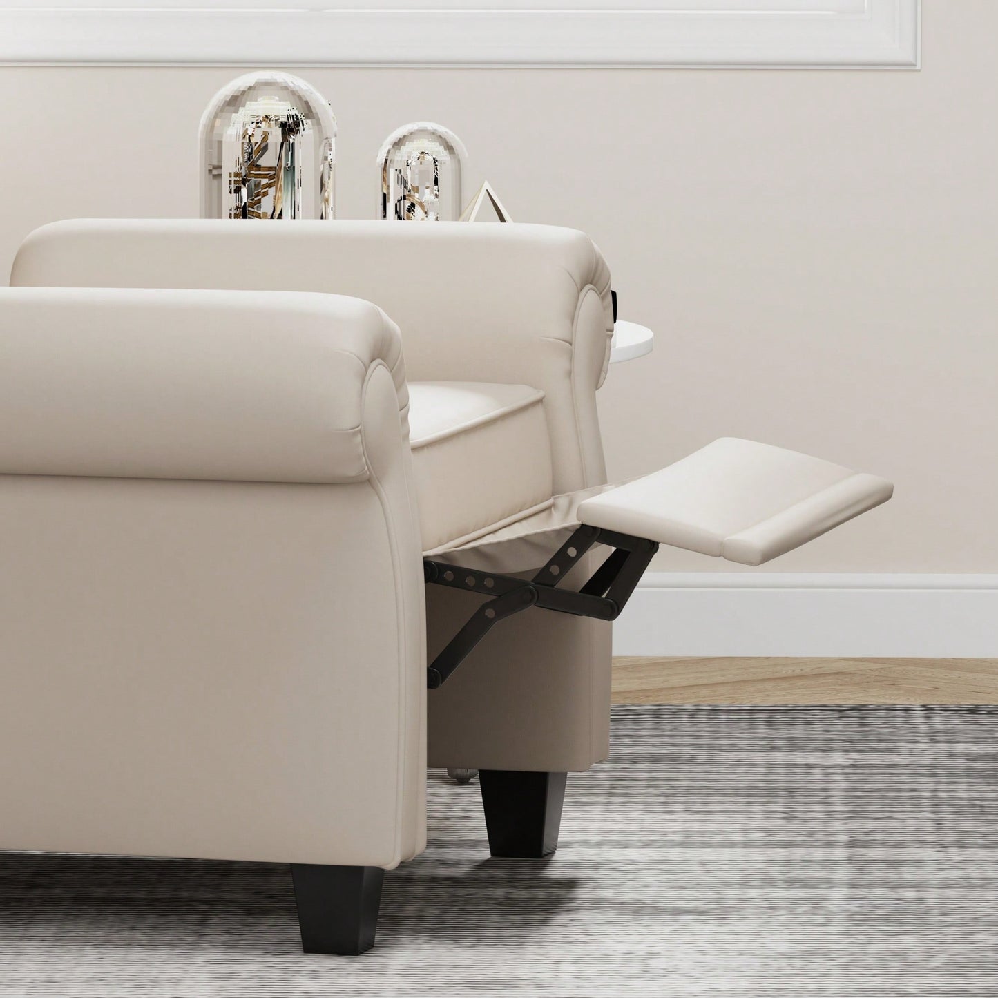 Adjustable Modern Tufted Push Back Armchair In Beige Technical Leather With Sturdy Wood Legs For Bedroom And Living Room Small Space