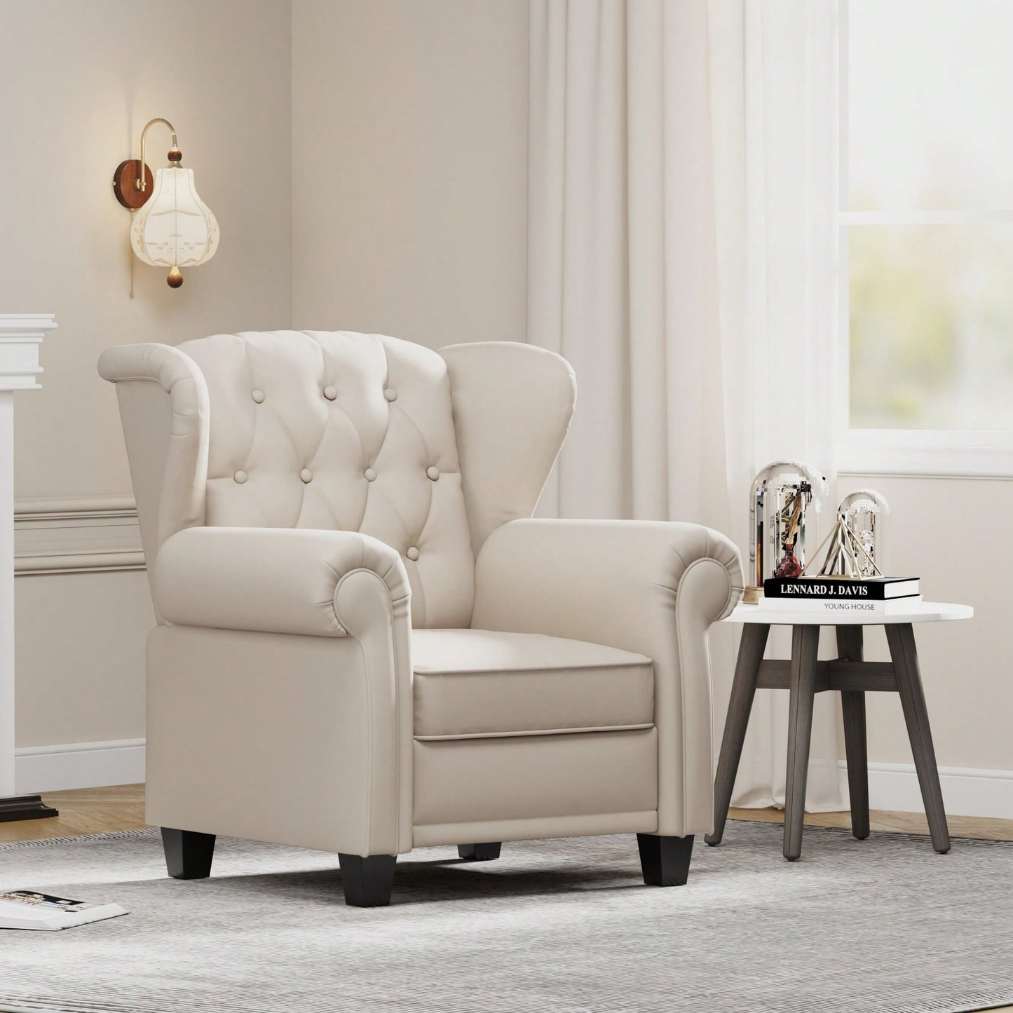 Adjustable Modern Tufted Push Back Armchair In Beige Technical Leather With Sturdy Wood Legs For Bedroom And Living Room Small Space