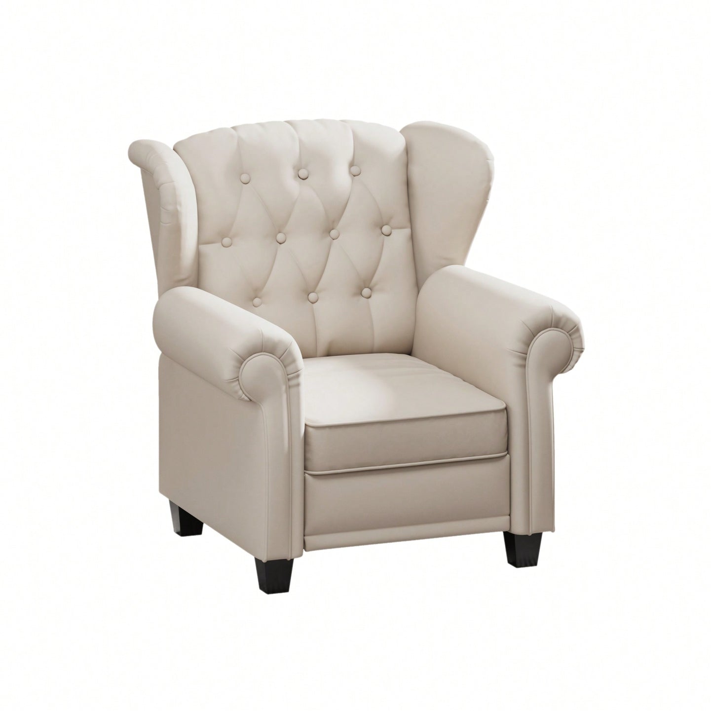 Adjustable Modern Tufted Push Back Armchair In Beige Technical Leather With Sturdy Wood Legs For Bedroom And Living Room Small Space