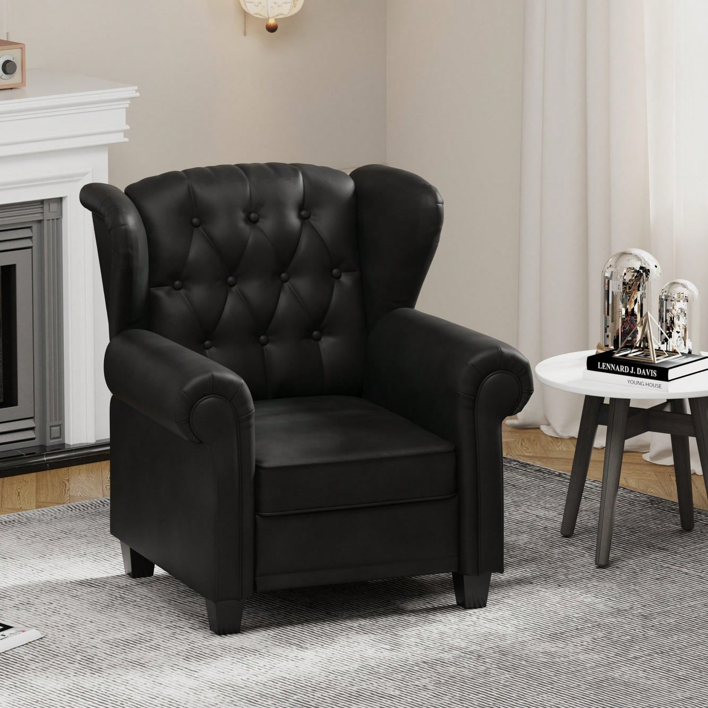 Adjustable Modern Tufted Push Back Armchair In Beige Technical Leather With Sturdy Wood Legs For Bedroom And Living Room Small Space