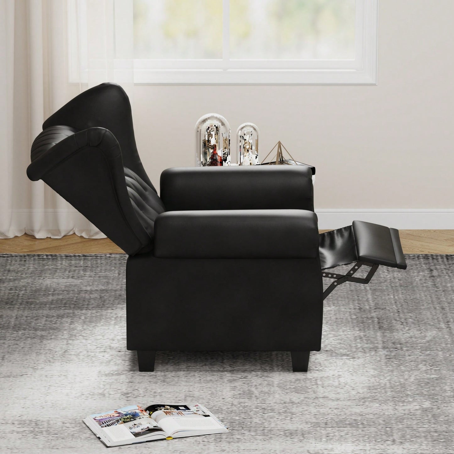 Adjustable Modern Tufted Push Back Armchair In Beige Technical Leather With Sturdy Wood Legs For Bedroom And Living Room Small Space