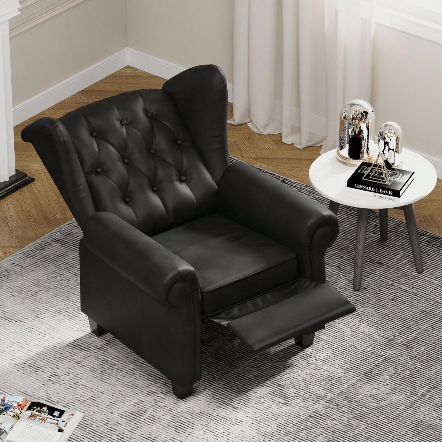 Adjustable Modern Tufted Push Back Armchair In Beige Technical Leather With Sturdy Wood Legs For Bedroom And Living Room Small Space