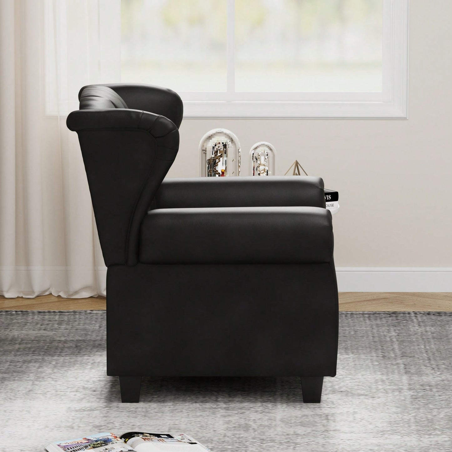 Adjustable Modern Tufted Push Back Armchair In Beige Technical Leather With Sturdy Wood Legs For Bedroom And Living Room Small Space