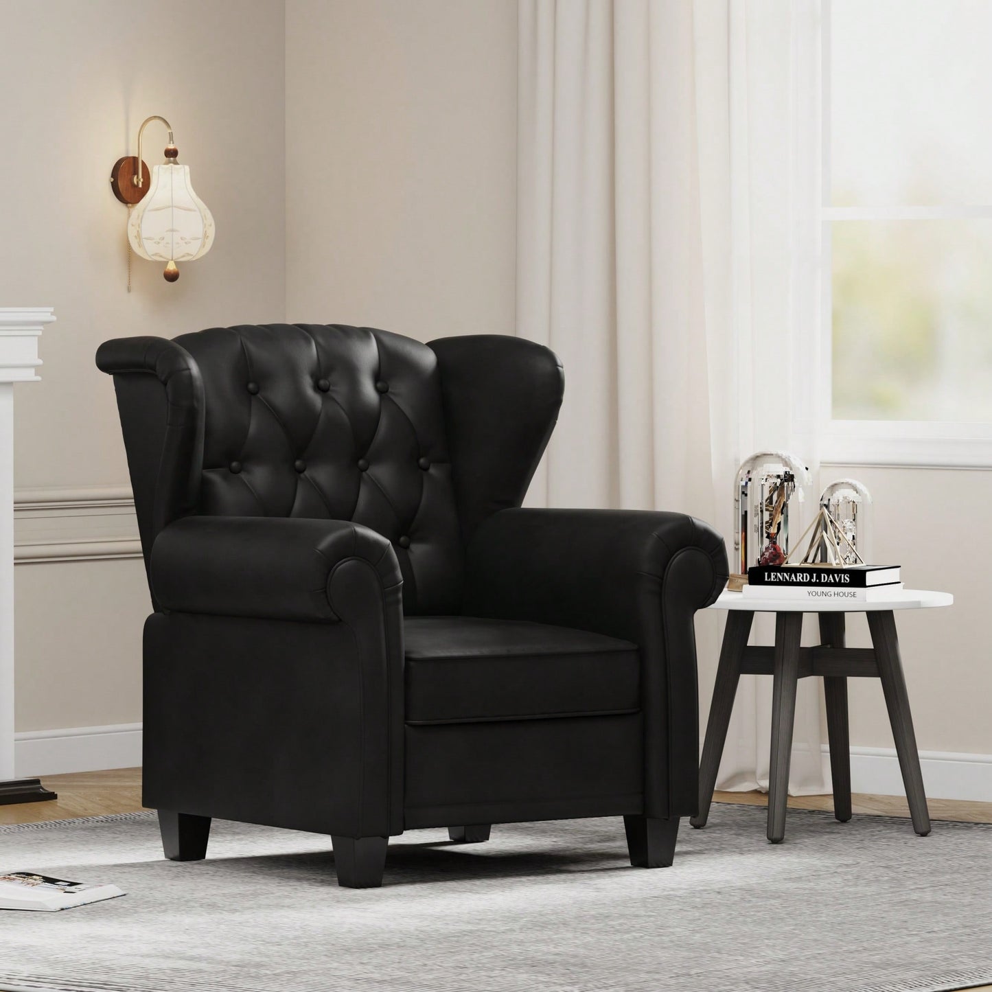 Adjustable Modern Tufted Push Back Armchair In Beige Technical Leather With Sturdy Wood Legs For Bedroom And Living Room Small Space