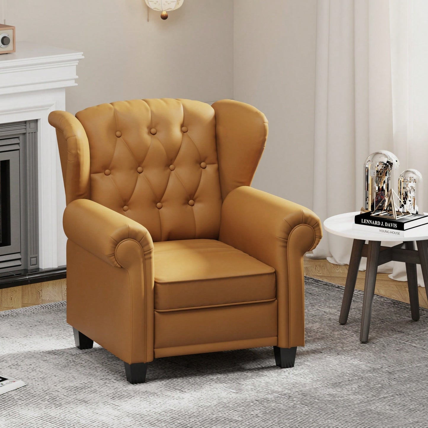 Adjustable Modern Tufted Push Back Armchair In Beige Technical Leather With Sturdy Wood Legs For Bedroom And Living Room Small Space