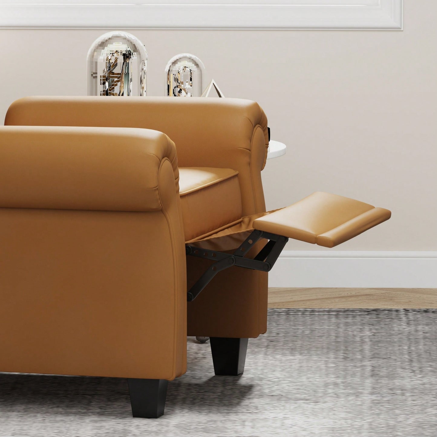 Adjustable Modern Tufted Push Back Armchair In Beige Technical Leather With Sturdy Wood Legs For Bedroom And Living Room Small Space