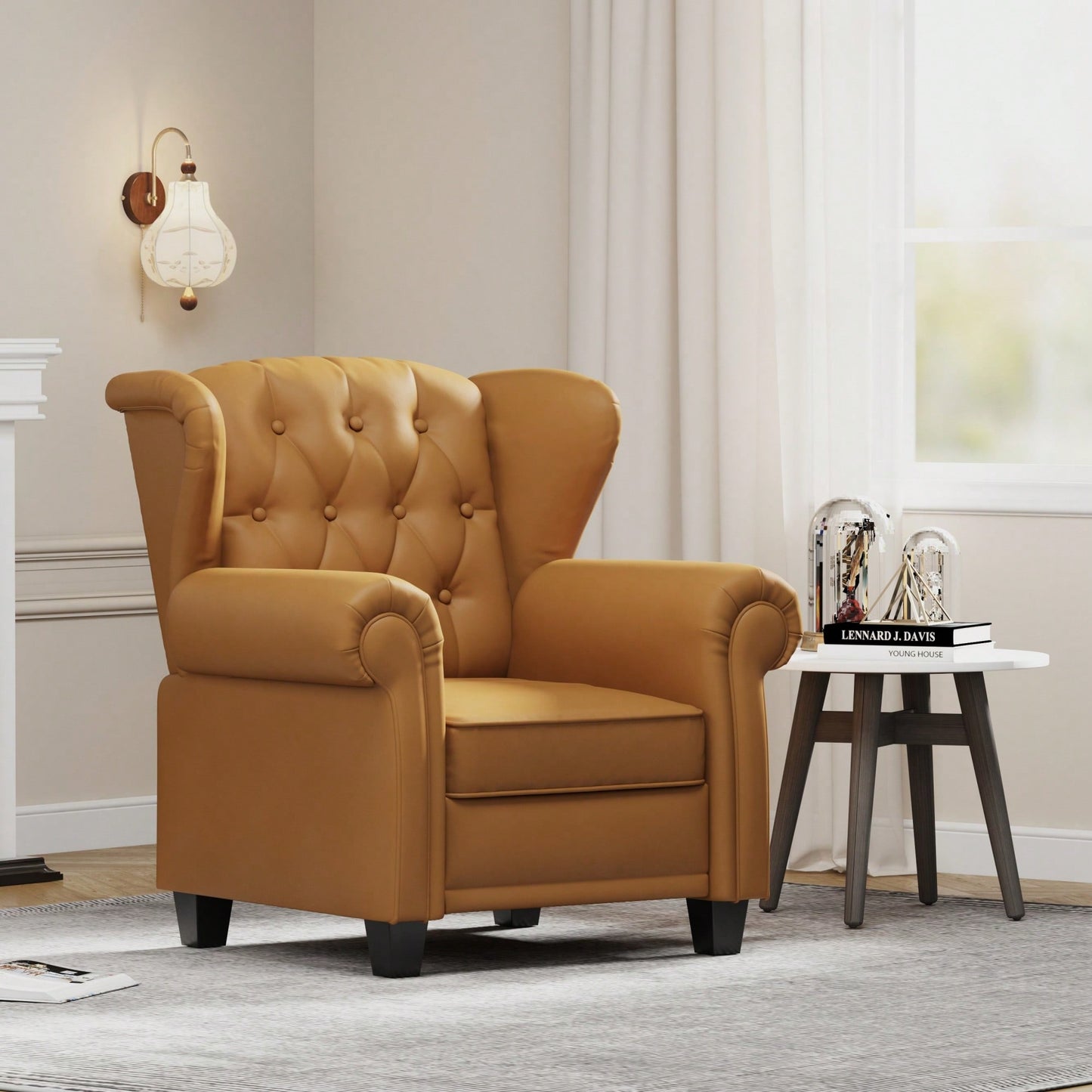 Adjustable Modern Tufted Push Back Armchair In Beige Technical Leather With Sturdy Wood Legs For Bedroom And Living Room Small Space