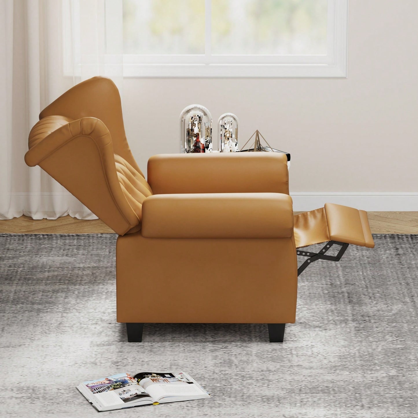 Adjustable Modern Tufted Push Back Armchair In Beige Technical Leather With Sturdy Wood Legs For Bedroom And Living Room Small Space
