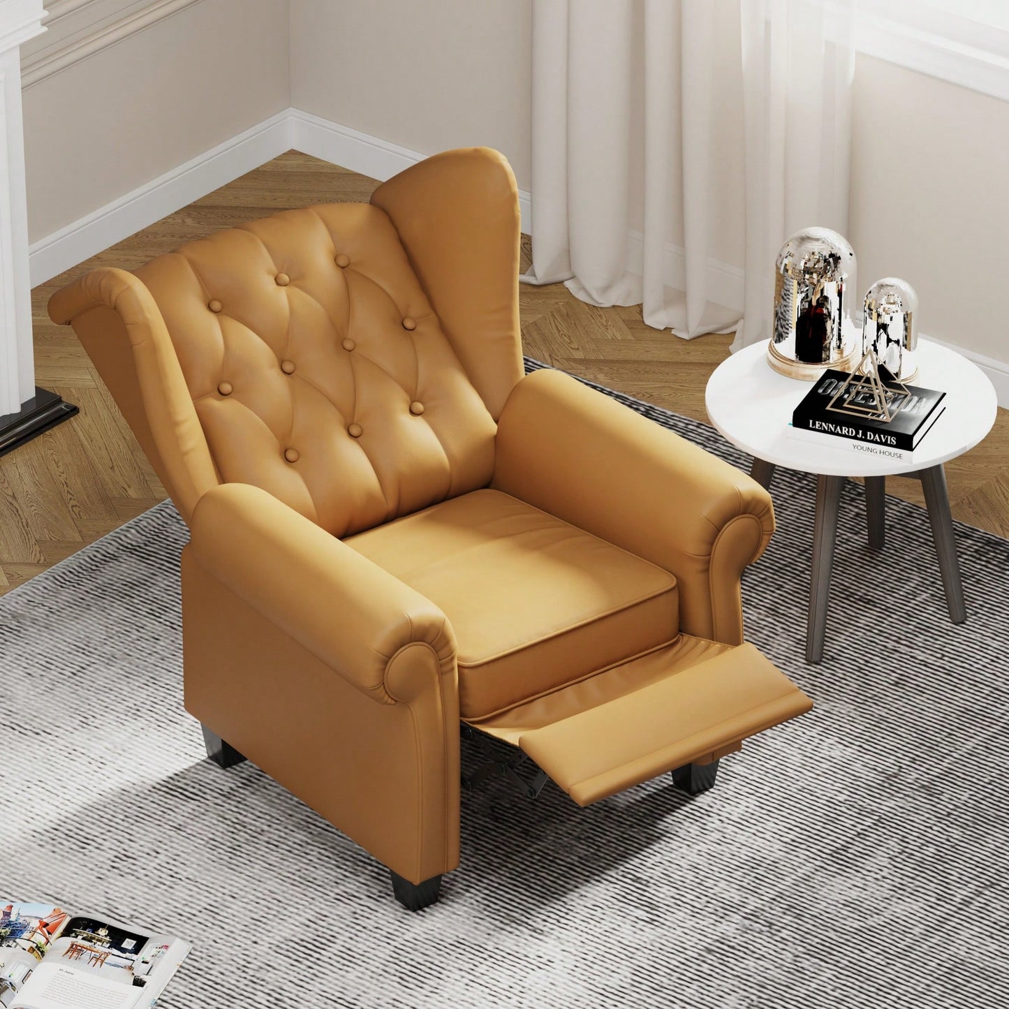 Adjustable Modern Tufted Push Back Armchair In Beige Technical Leather With Sturdy Wood Legs For Bedroom And Living Room Small Space