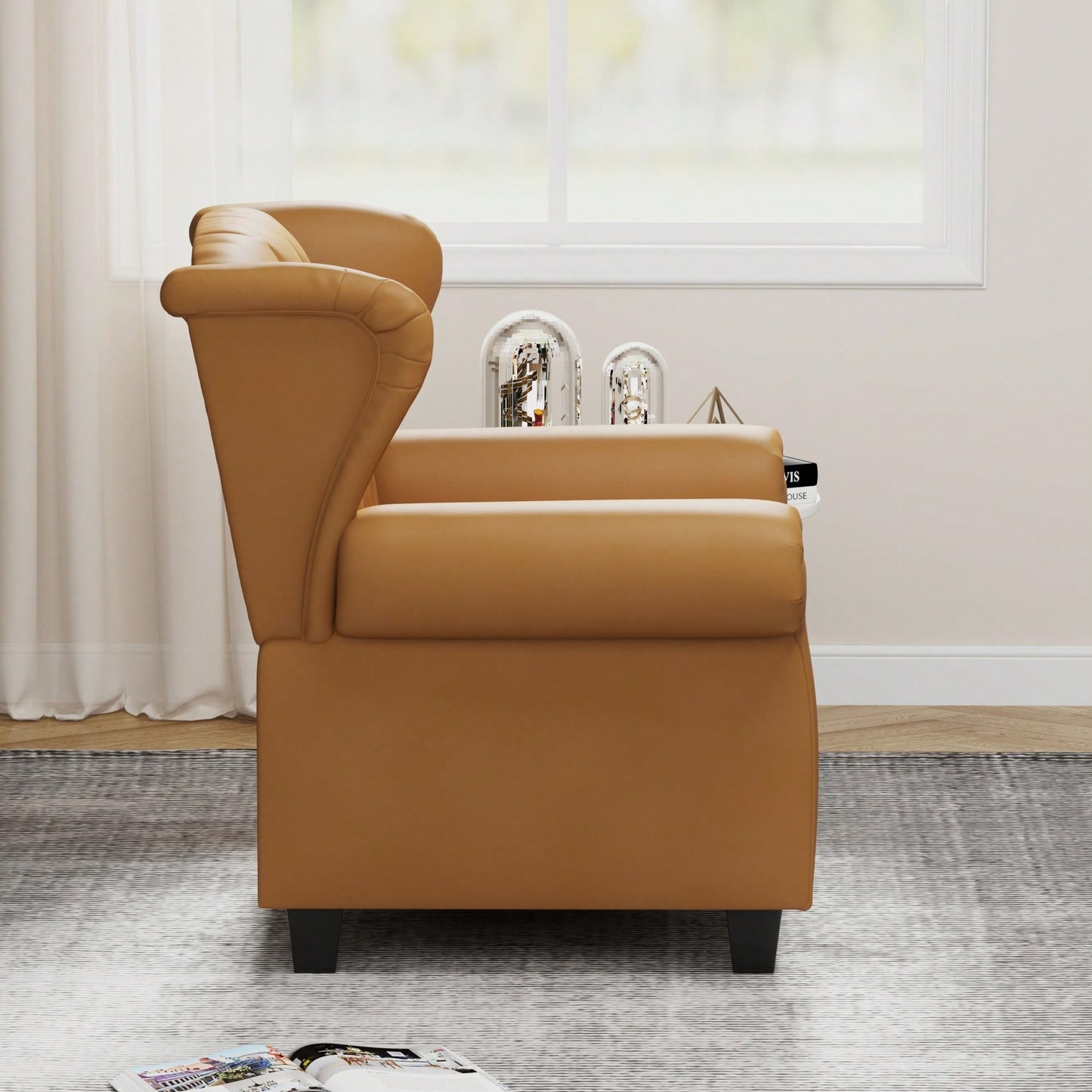 Adjustable Modern Tufted Push Back Armchair In Beige Technical Leather With Sturdy Wood Legs For Bedroom And Living Room Small Space