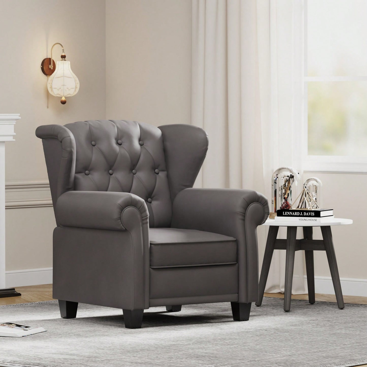 Adjustable Modern Tufted Push Back Armchair In Beige Technical Leather With Sturdy Wood Legs For Bedroom And Living Room Small Space