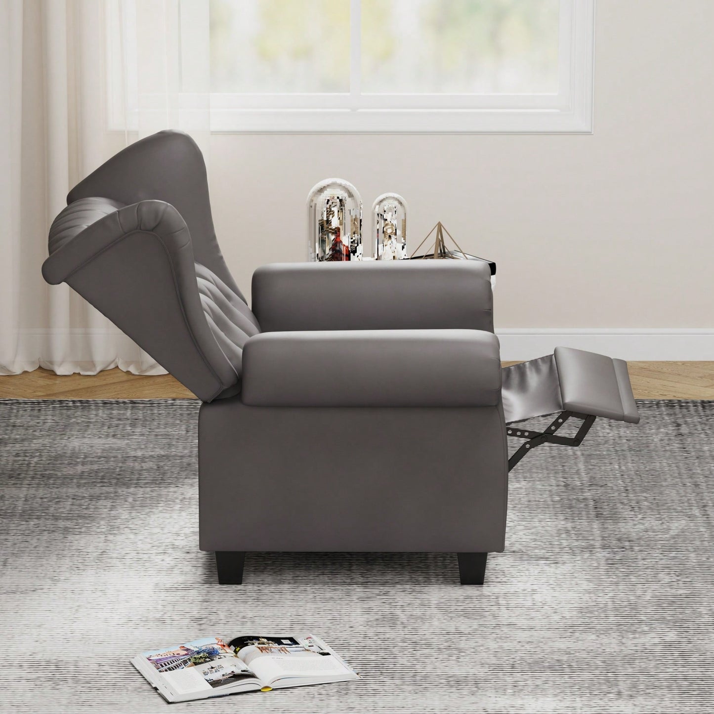 Adjustable Modern Tufted Push Back Armchair In Beige Technical Leather With Sturdy Wood Legs For Bedroom And Living Room Small Space