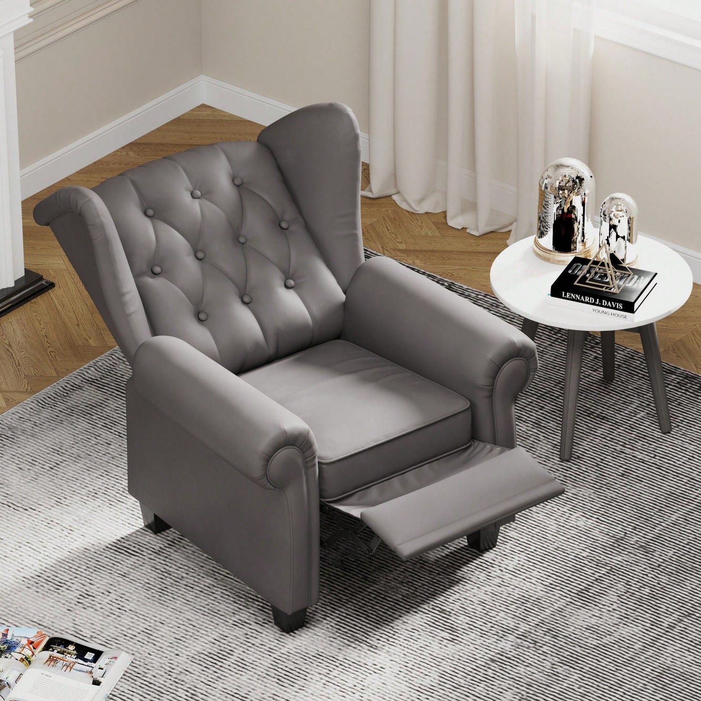 Adjustable Modern Tufted Push Back Armchair In Beige Technical Leather With Sturdy Wood Legs For Bedroom And Living Room Small Space