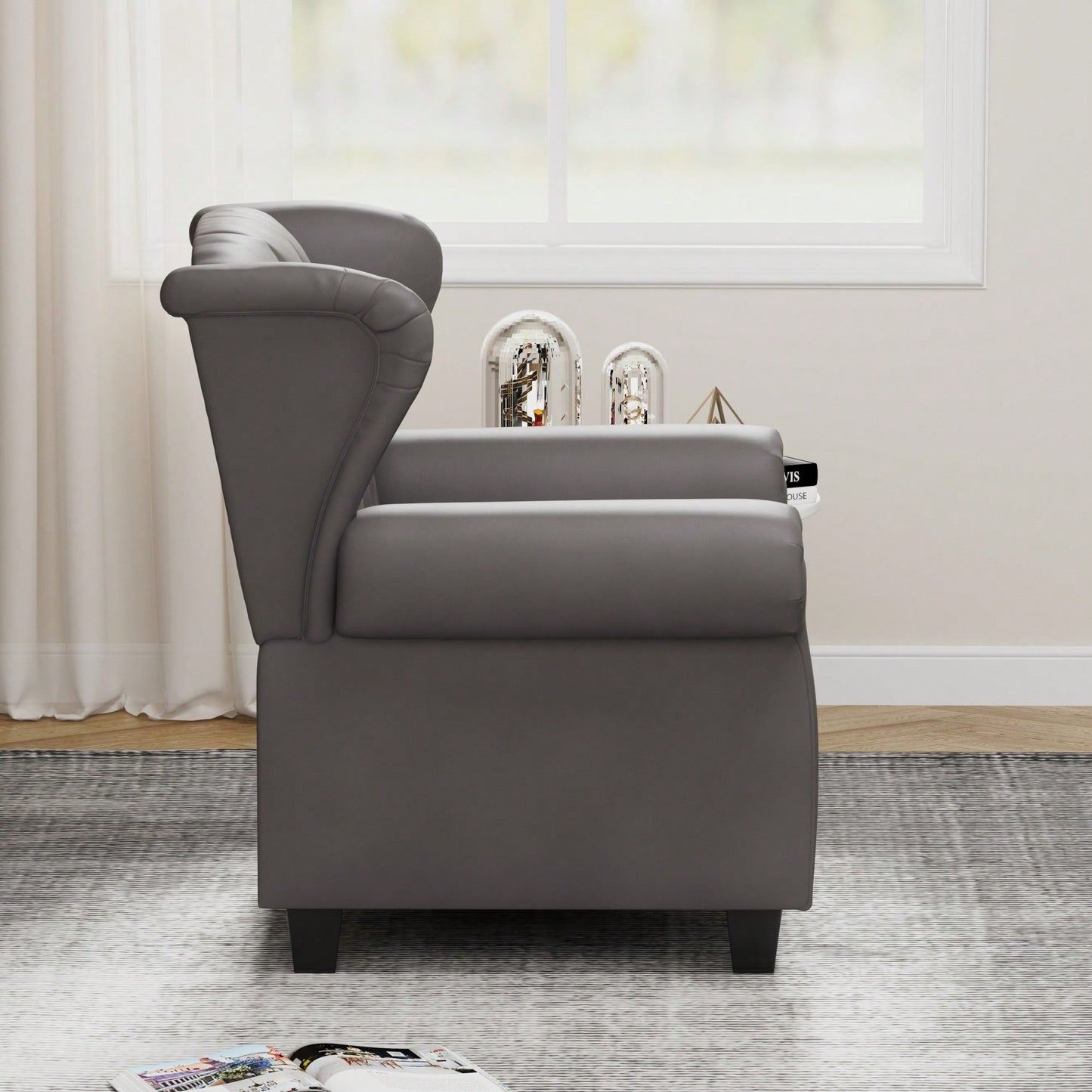 Adjustable Modern Tufted Push Back Armchair In Beige Technical Leather With Sturdy Wood Legs For Bedroom And Living Room Small Space