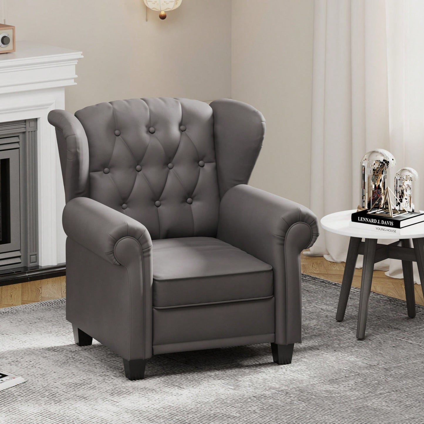 Adjustable Modern Tufted Push Back Armchair In Beige Technical Leather With Sturdy Wood Legs For Bedroom And Living Room Small Space