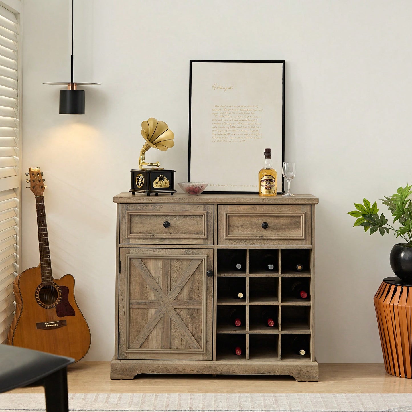Farmhouse Style Liquor Cabinet With Drawers And Removable Wine Racks For Kitchen And Dining Room, Espresso Finish