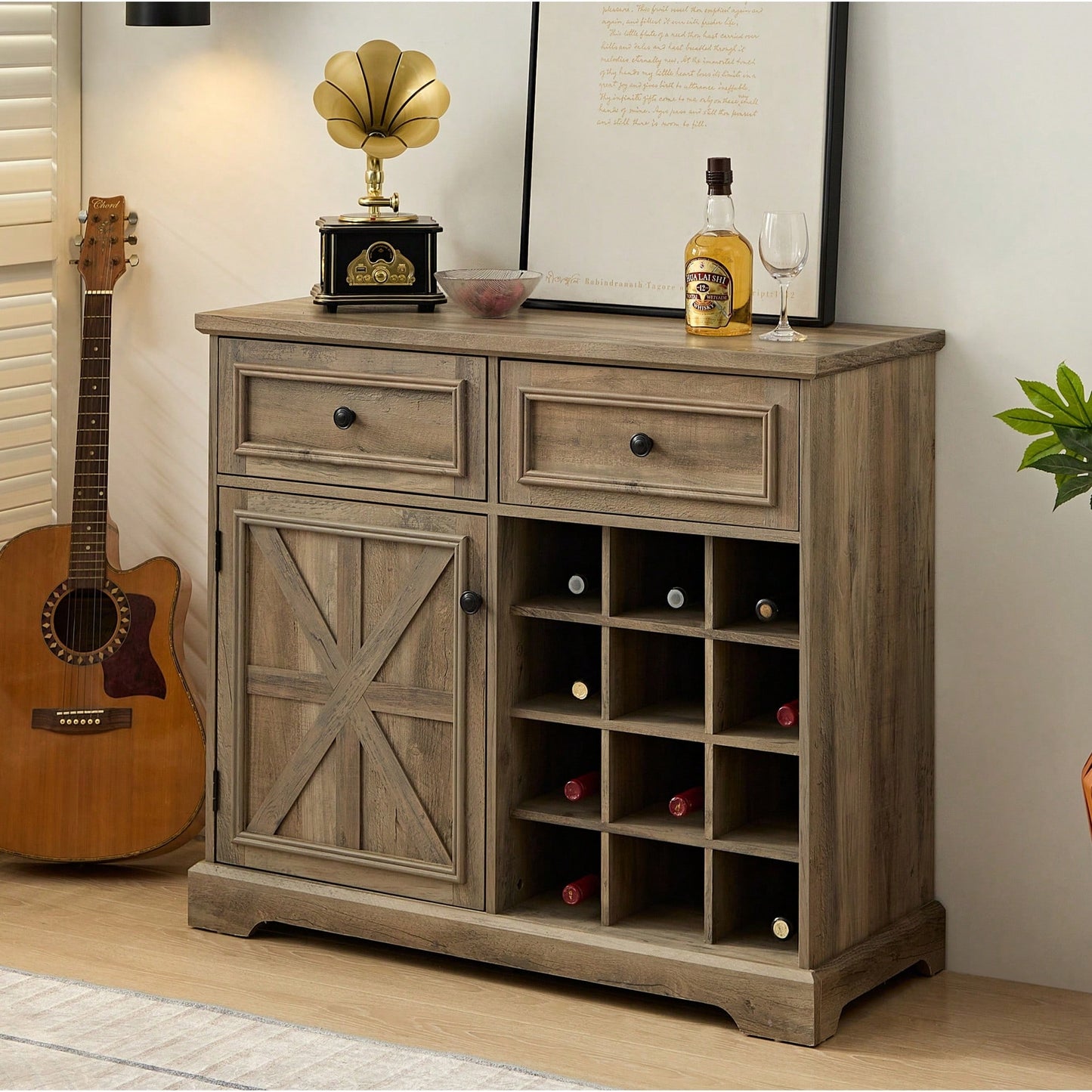 Farmhouse Style Liquor Cabinet With Drawers And Removable Wine Racks For Kitchen And Dining Room, Espresso Finish
