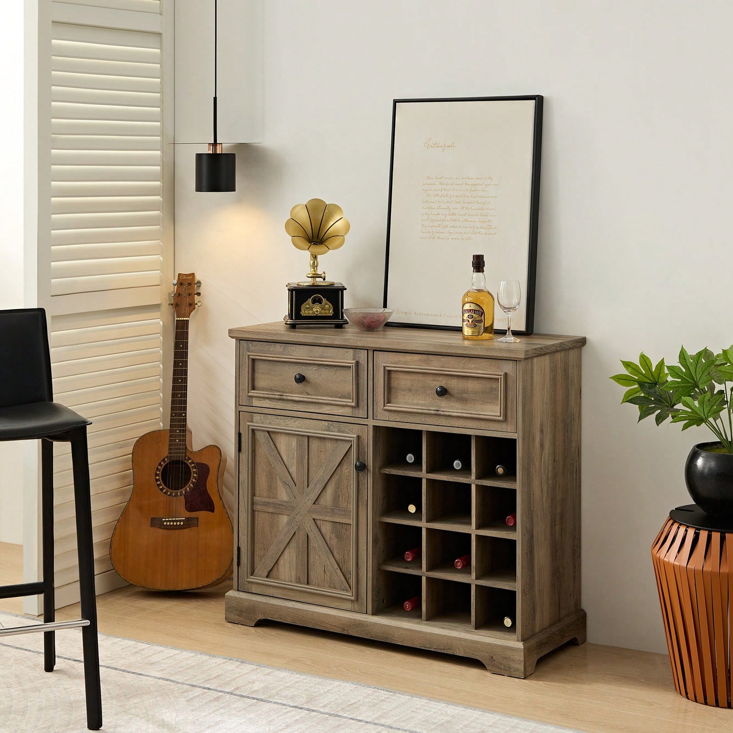 Farmhouse Style Liquor Cabinet With Drawers And Removable Wine Racks For Kitchen And Dining Room, Espresso Finish