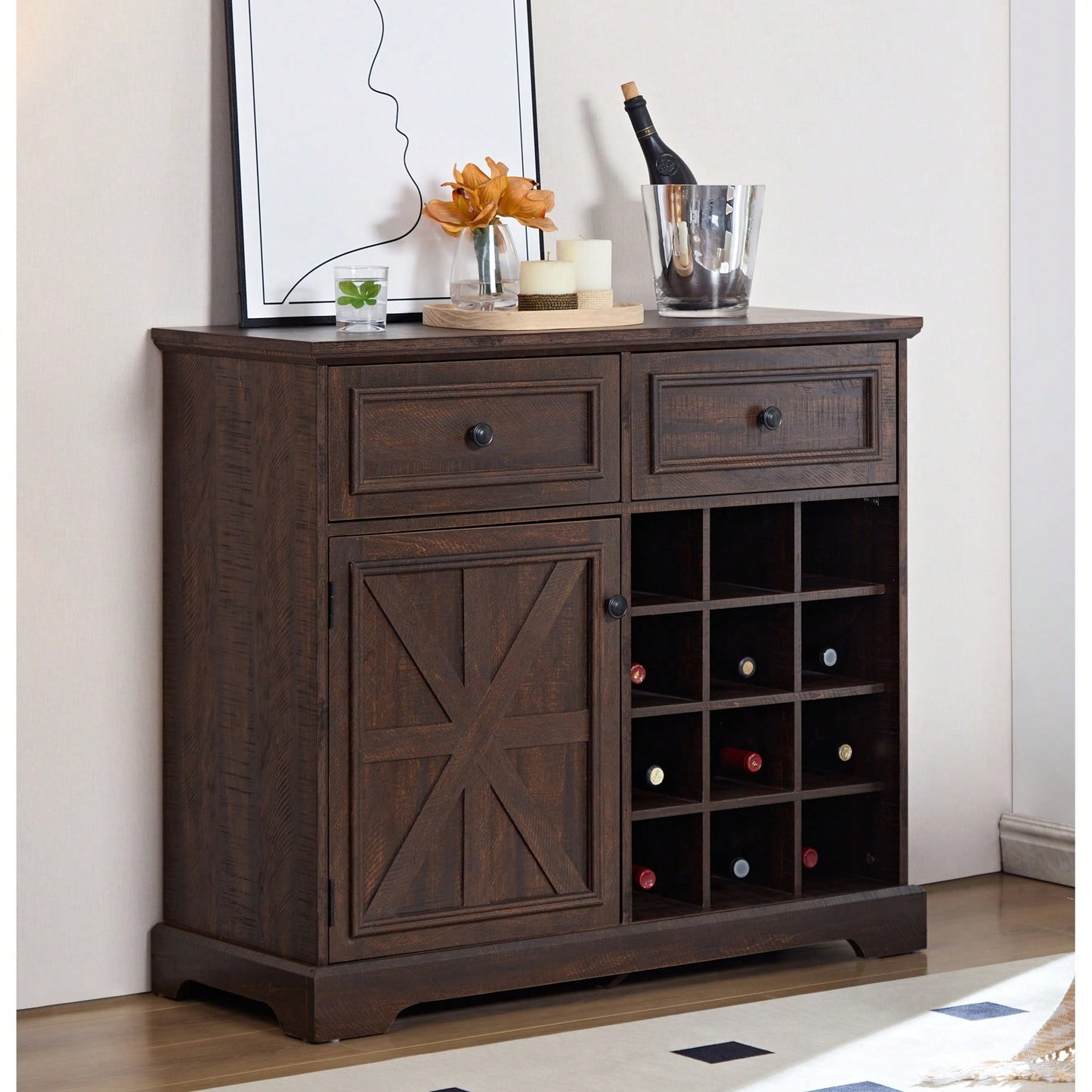 Farmhouse Style Liquor Cabinet With Drawers And Removable Wine Racks For Kitchen And Dining Room, Espresso Finish