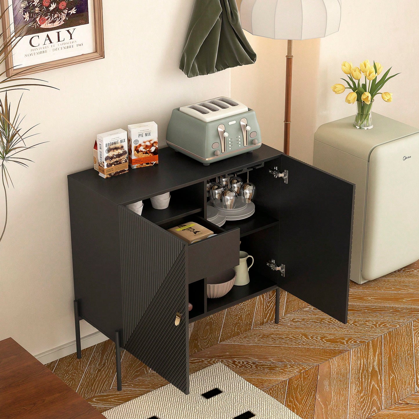 Elegant Black Sideboard Buffet Cabinet With Drawers And Wine Rack For Living Room Or Kitchen Dining Room Storage And Decor