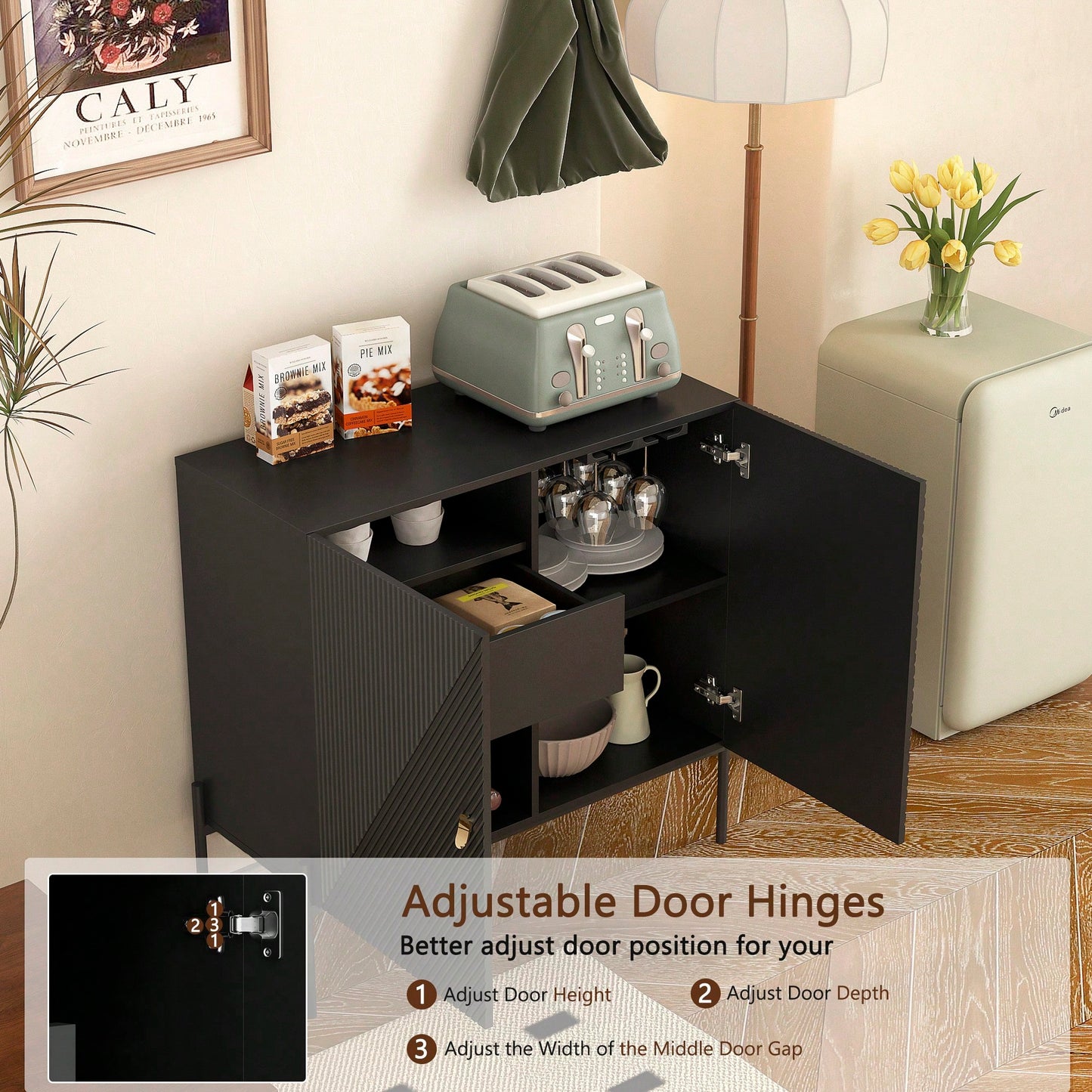 Elegant Black Sideboard Buffet Cabinet With Drawers And Wine Rack For Living Room Or Kitchen Dining Room Storage And Decor