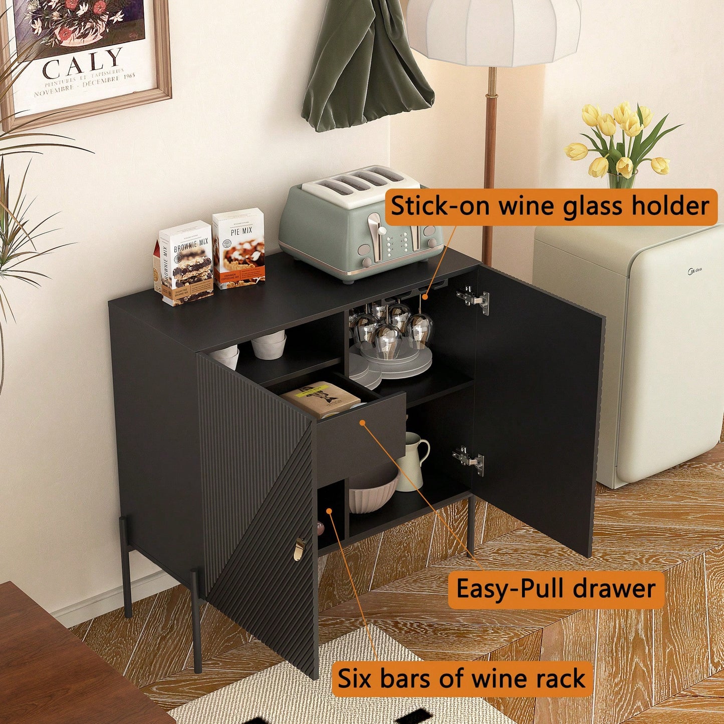 Elegant Black Sideboard Buffet Cabinet With Drawers And Wine Rack For Living Room Or Kitchen Dining Room Storage And Decor