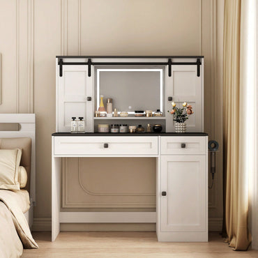 Elegant 43 Inch Wide Lighted Makeup Dressing Table With Drawer And Hair Dryer Holder For Modern Bedrooms In White