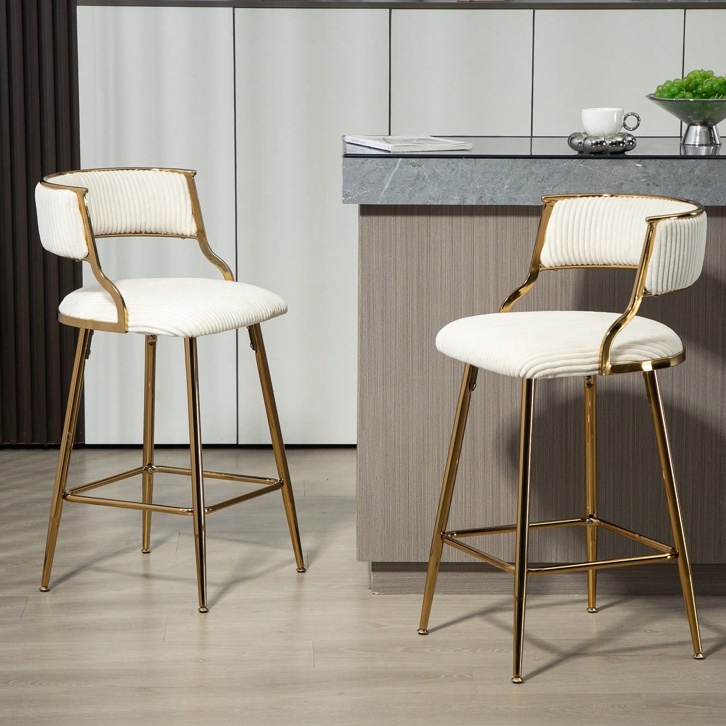 Set Of 2 Beige Corduroy Counter Height Bar Stools With Back And Golden Chrome Base Footrest For Kitchen Island