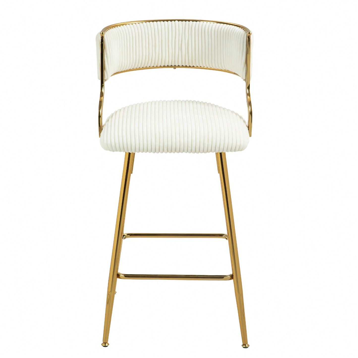 Set Of 2 Beige Corduroy Counter Height Bar Stools With Back And Golden Chrome Base Footrest For Kitchen Island