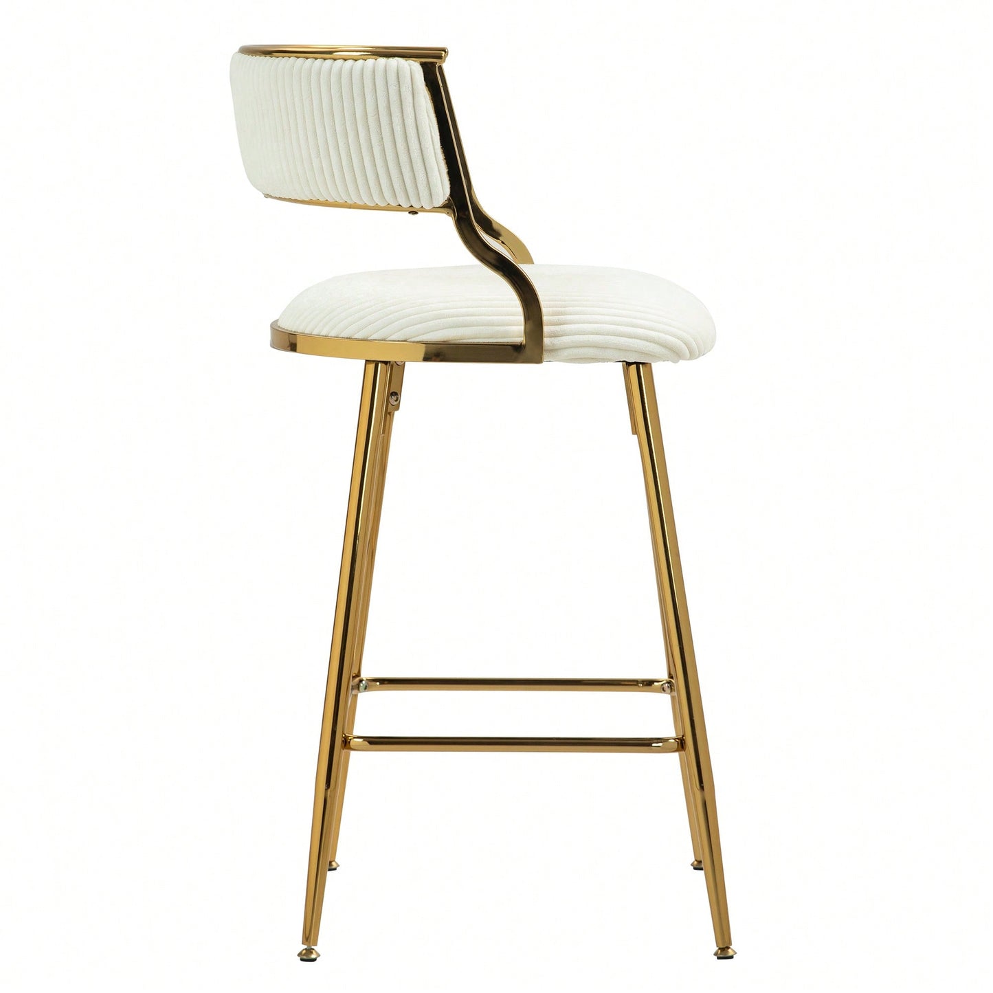 Set Of 2 Beige Corduroy Counter Height Bar Stools With Back And Golden Chrome Base Footrest For Kitchen Island