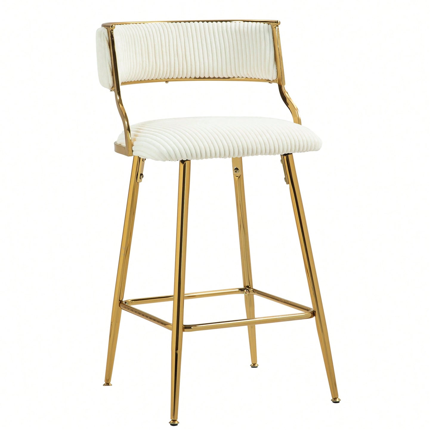 Set Of 2 Beige Corduroy Counter Height Bar Stools With Back And Golden Chrome Base Footrest For Kitchen Island