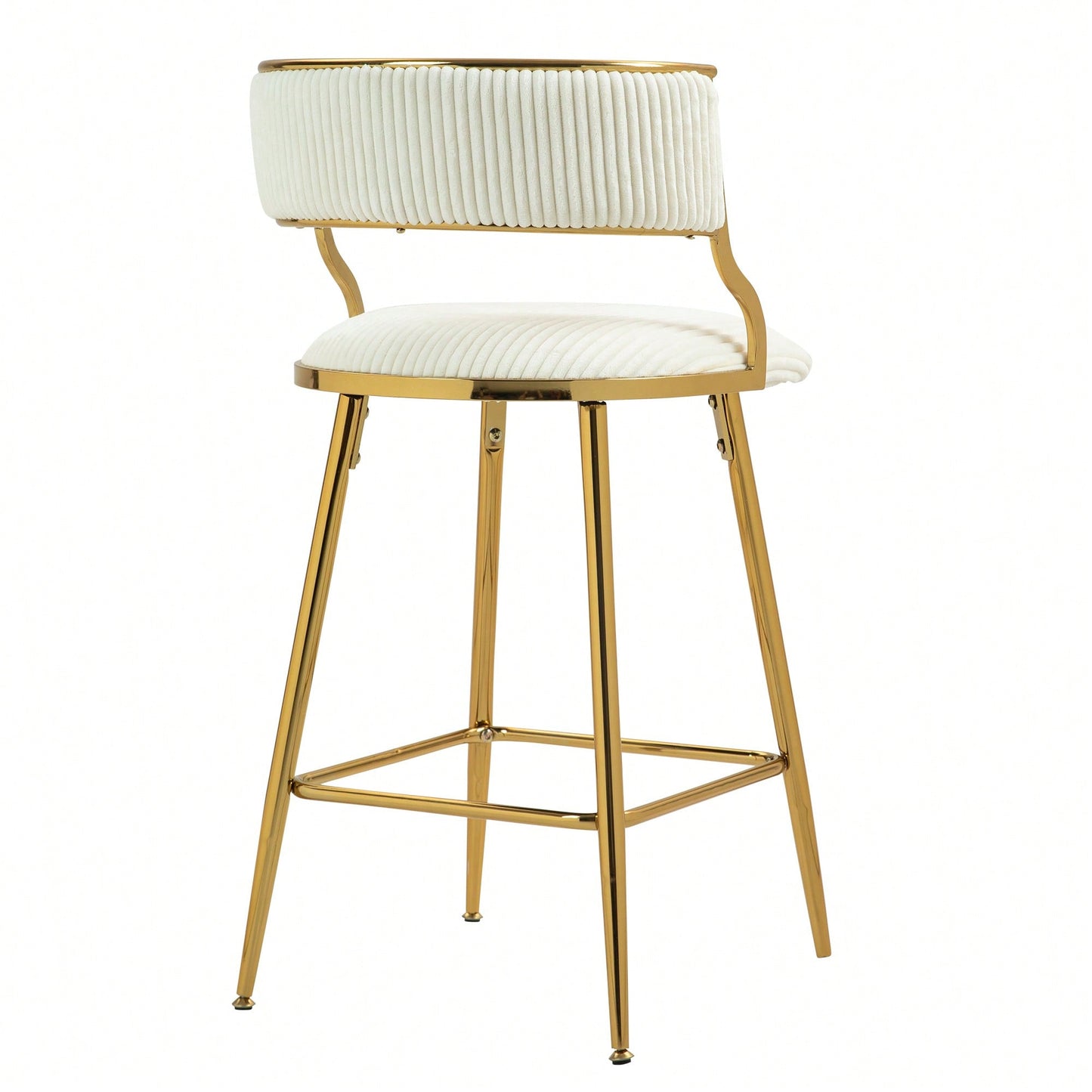 Set Of 2 Beige Corduroy Counter Height Bar Stools With Back And Golden Chrome Base Footrest For Kitchen Island