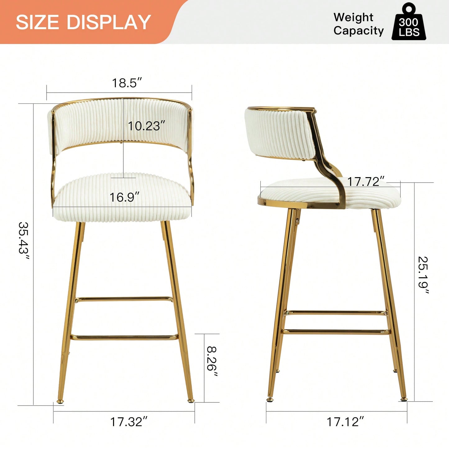 Set Of 2 Beige Corduroy Counter Height Bar Stools With Back And Golden Chrome Base Footrest For Kitchen Island