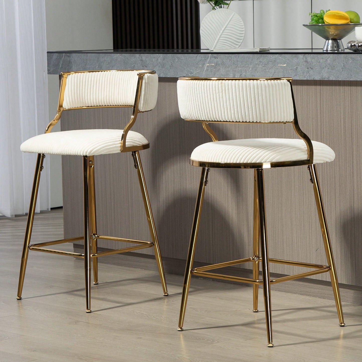 Set Of 2 Beige Corduroy Counter Height Bar Stools With Back And Golden Chrome Base Footrest For Kitchen Island