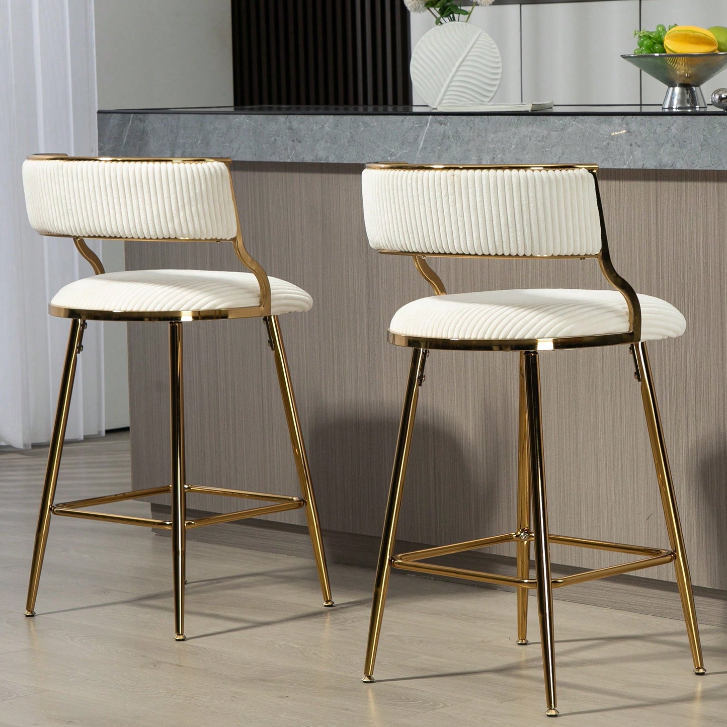 Set Of 2 Beige Corduroy Counter Height Bar Stools With Back And Golden Chrome Base Footrest For Kitchen Island