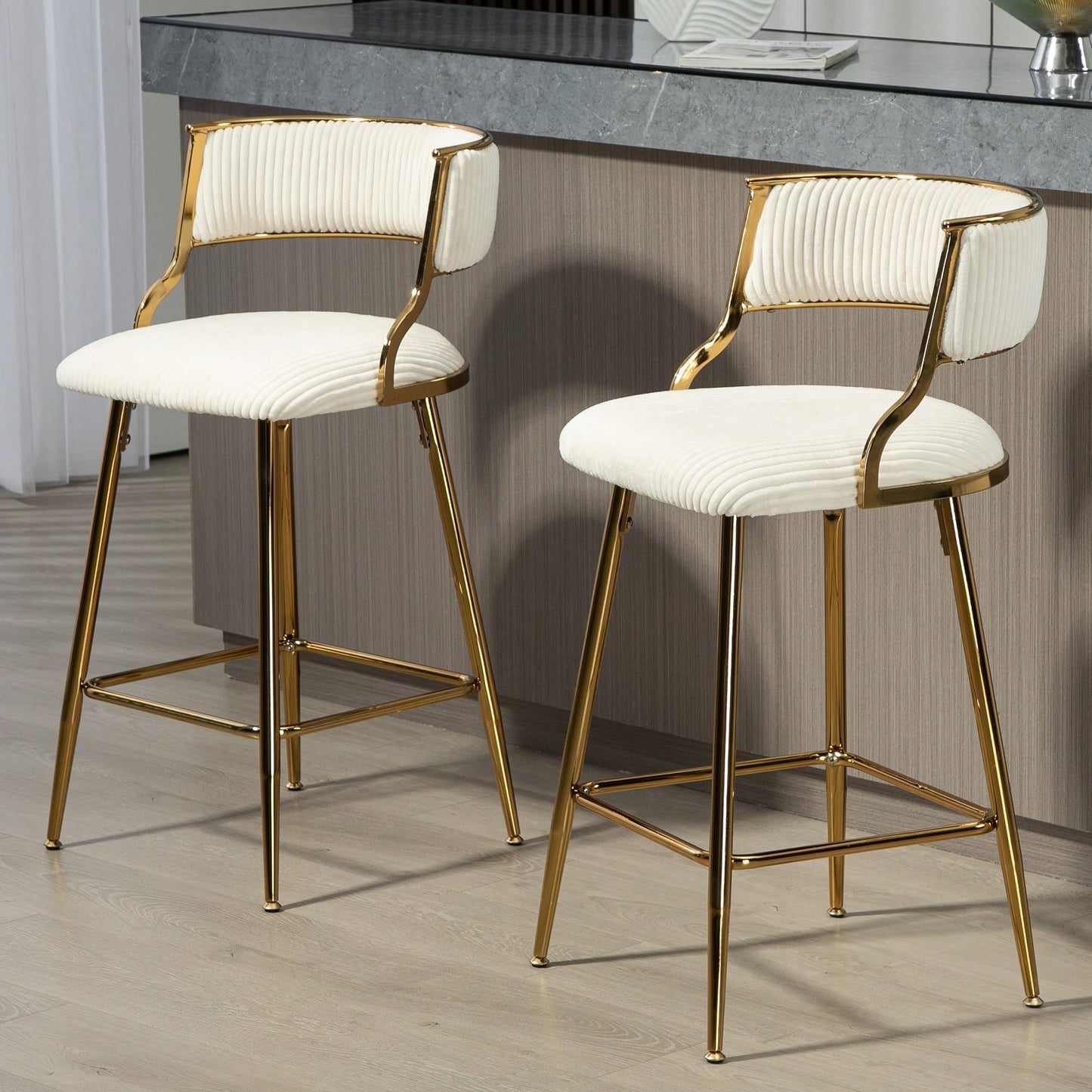 Set Of 2 Beige Corduroy Counter Height Bar Stools With Back And Golden Chrome Base Footrest For Kitchen Island