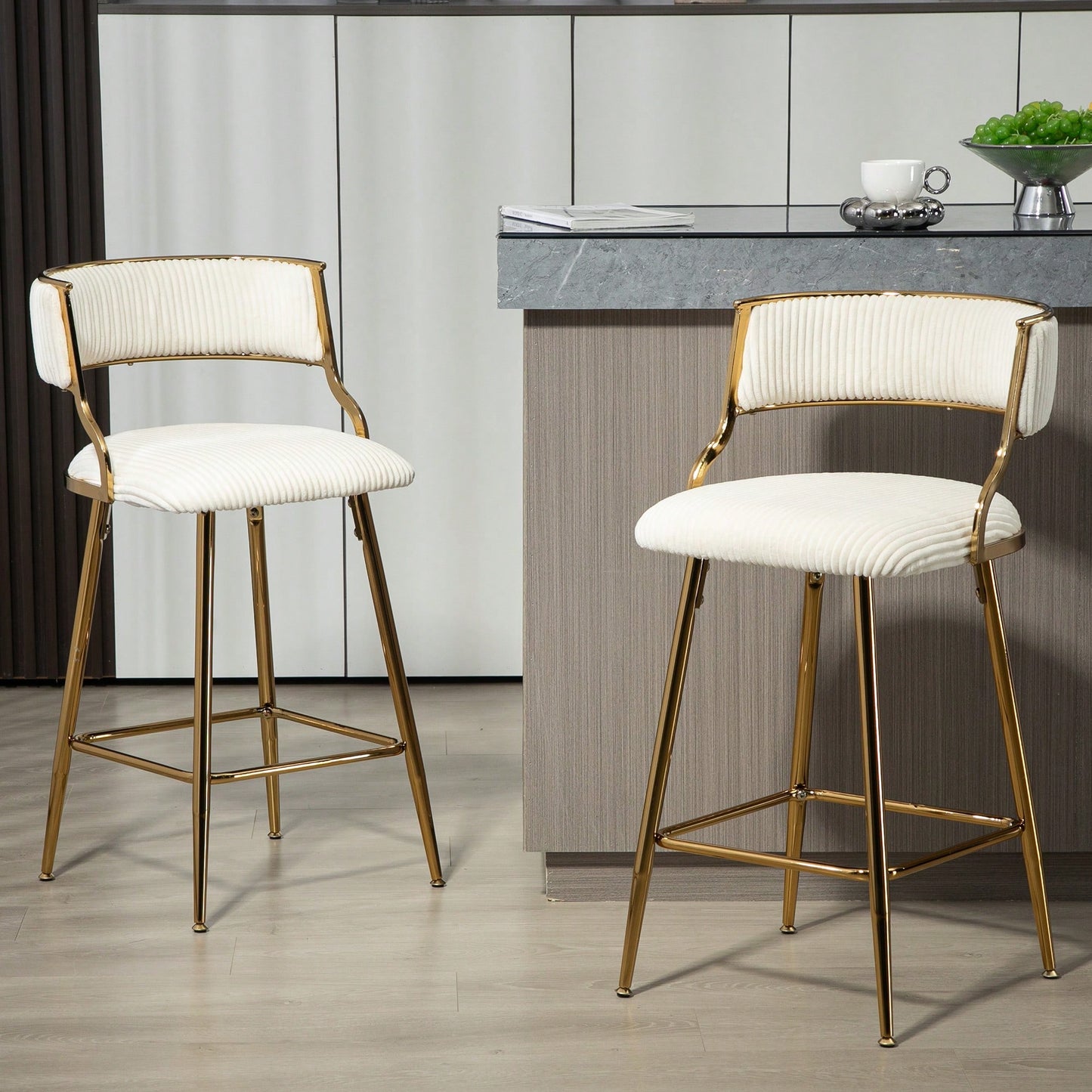 Set Of 2 Beige Corduroy Counter Height Bar Stools With Back And Golden Chrome Base Footrest For Kitchen Island