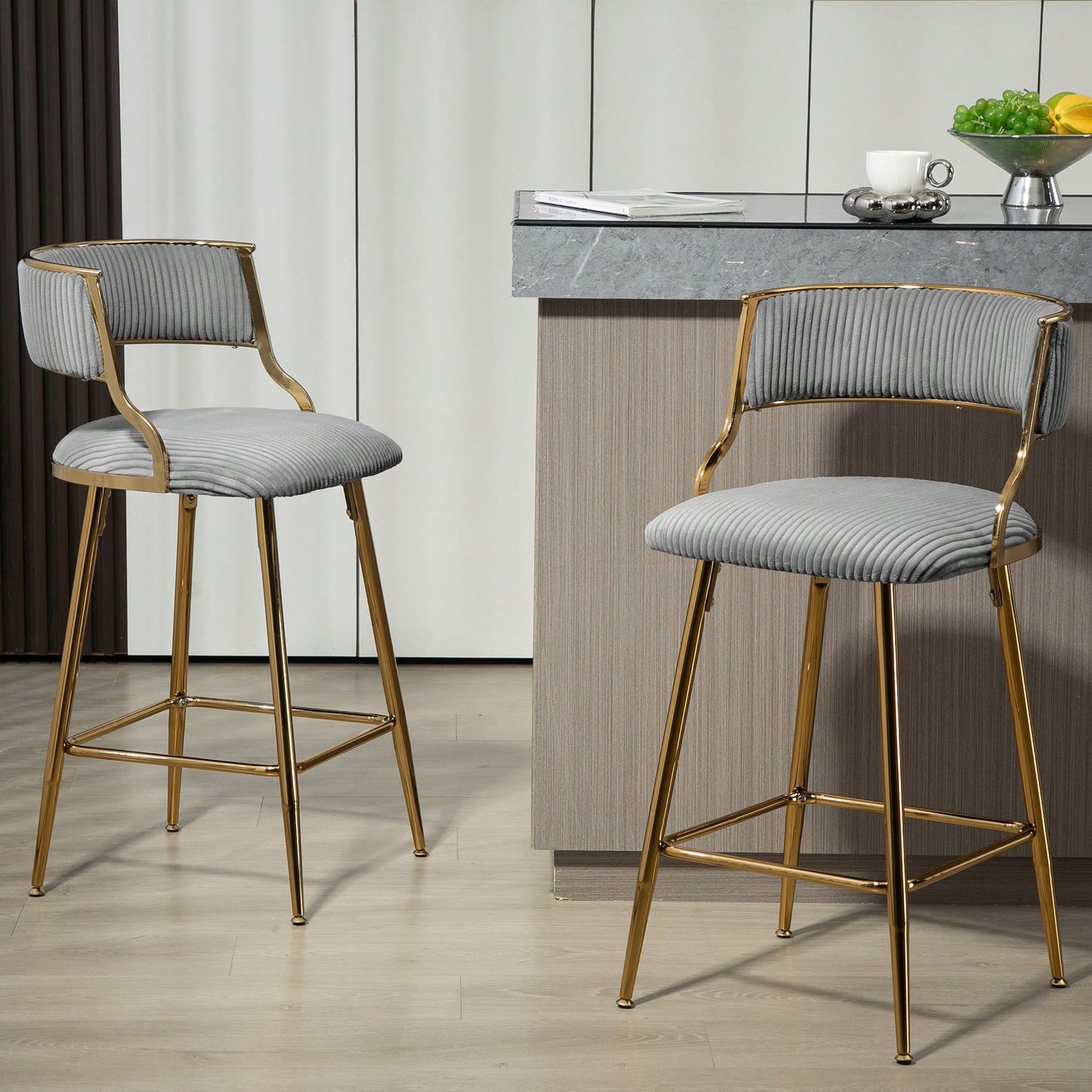 Set Of 2 Beige Corduroy Counter Height Bar Stools With Back And Golden Chrome Base Footrest For Kitchen Island